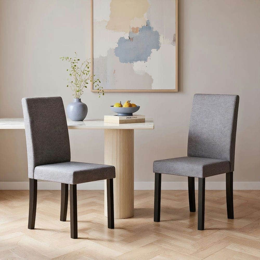 Kadyn - Set of 2 Mid-Century Modern Parson Chairs with Fabric Upholstery, Dark Finish - Gray