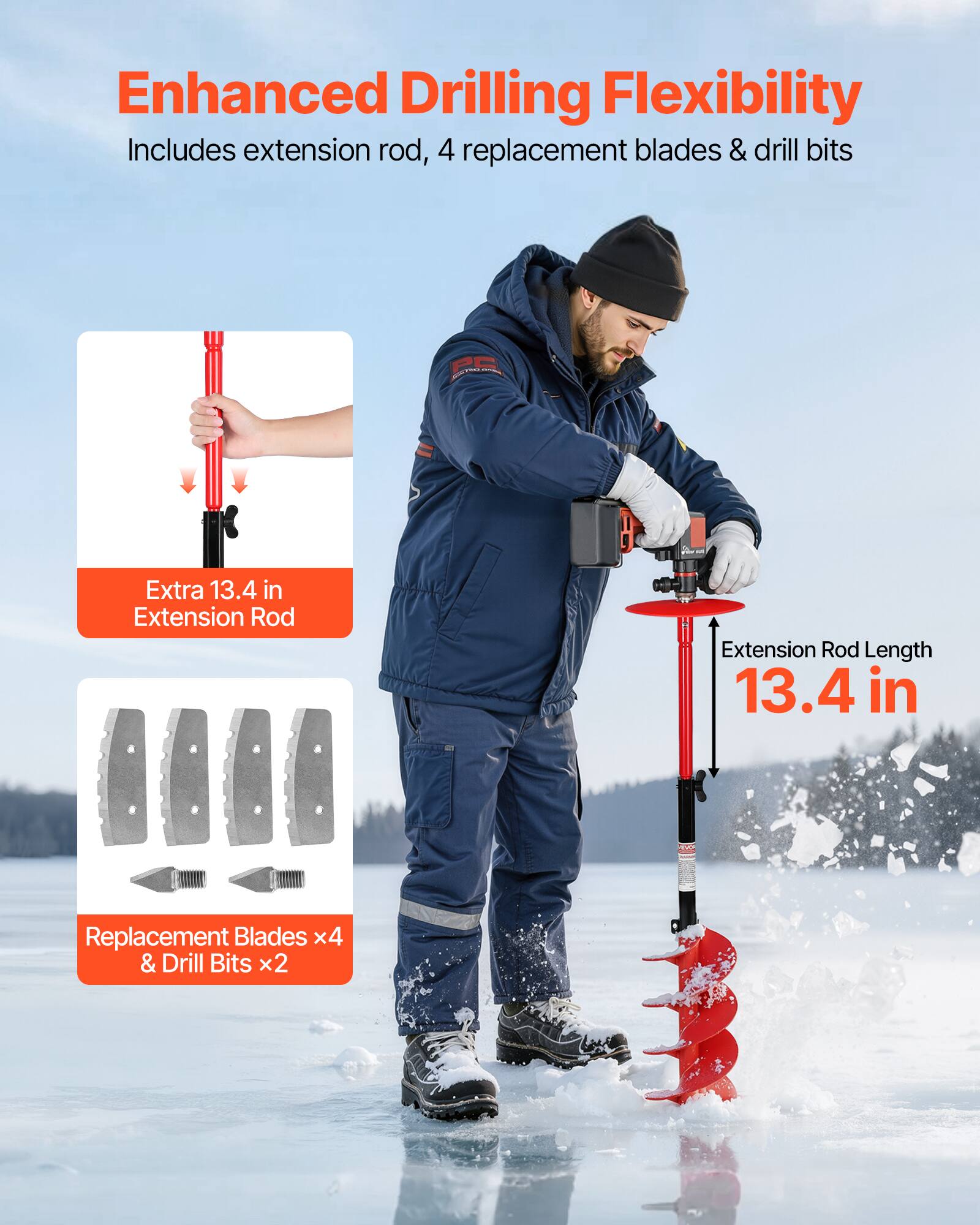 Enhanced Drilling Flexibility  
Includes extension rod, 4 replacement blades & drill bits  

Extra 13.4 in Extension Rod  
Extension Rod Length 13.4 in  

Replacement Blades x4 & Drill Bits x2
