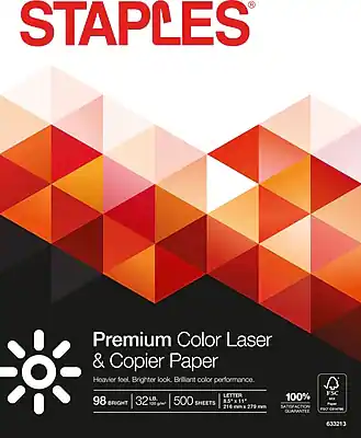 STAPLES®
Premium Color Laser & Copier Paper
Heavier feel, Brighter look, Brilliant color performance.
98 bright | 32 lb | 500 sheets | LETTER 8.5" x 11" | 216 g/m² | 279 g/m²
100% SATISFACTION GUARANTEE
FSC 633213