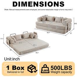 Roomtec - 78.7Inch Convertible Sleeper Sofa Bed with Cylindrical Pillow Chenille Folding Mattress Couch with Folding Sofa Bed - Beige