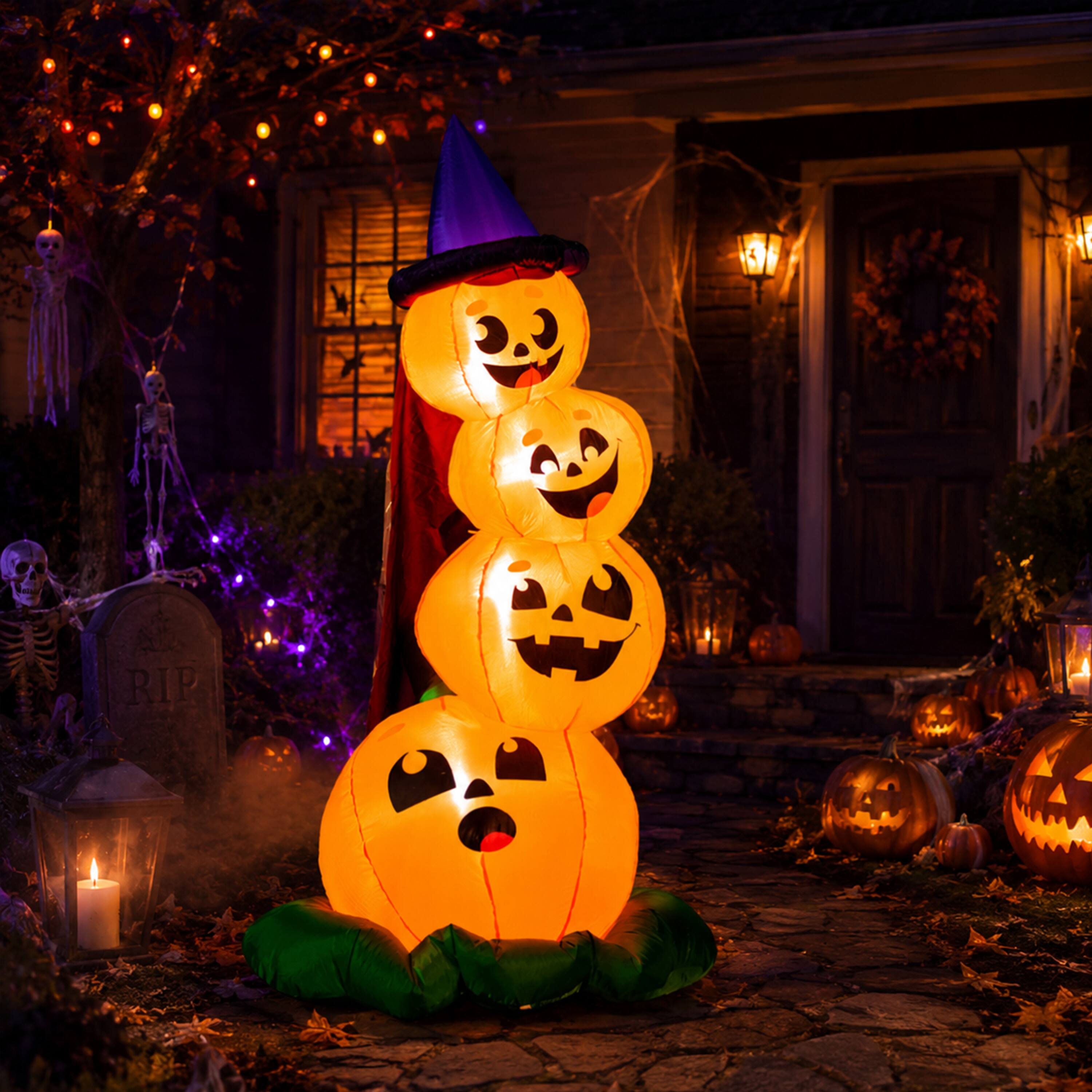Alt View 2. Joyfy - 6FT Stacked Pumpkins with Witch Hat Inflatable Halloween – Built-in LEDs for Yard, Garden, Lawn & Outdoor Party Displays - orange.