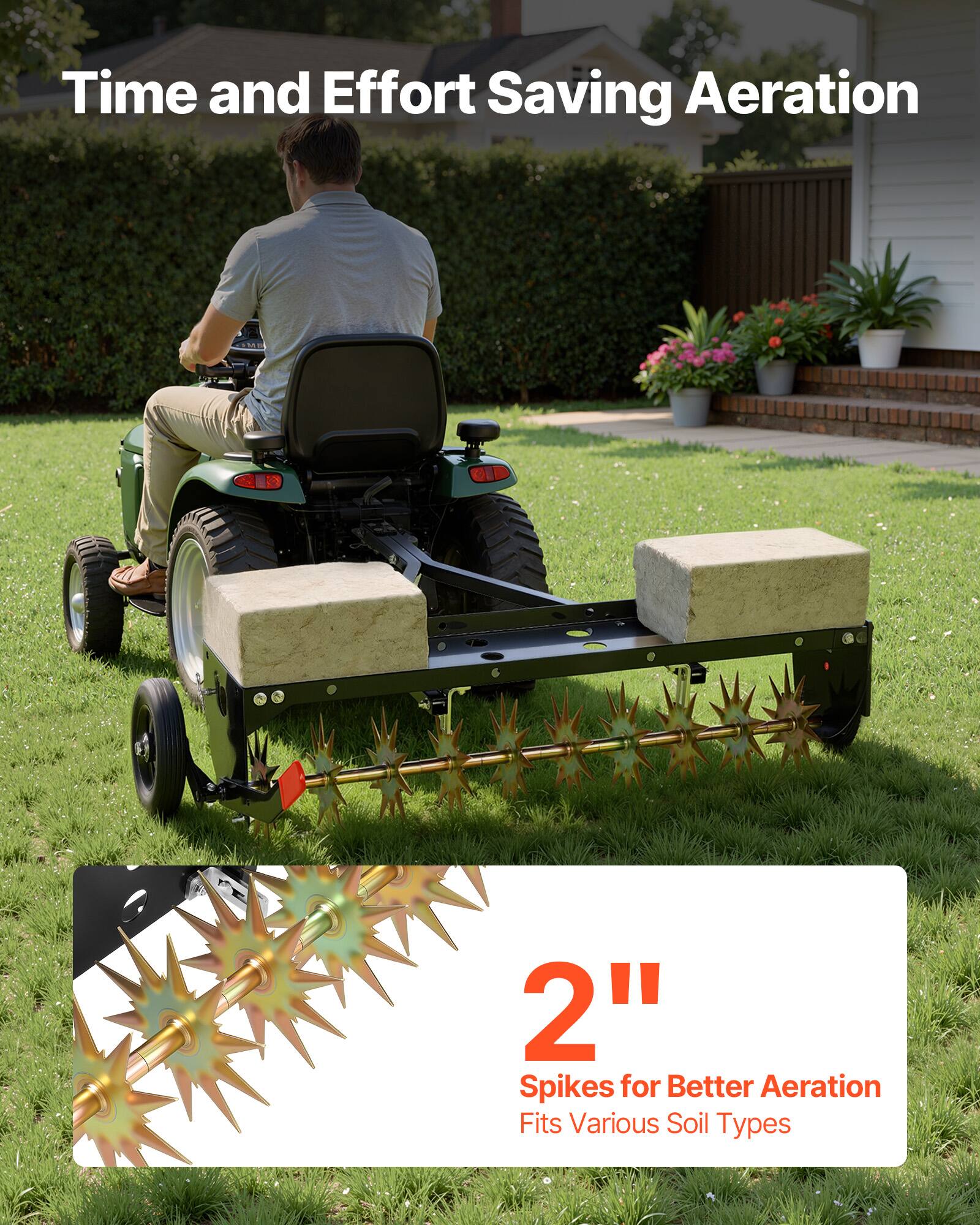 Time and Effort Saving Aeration  
2" Spikes for Better Aeration  
Fits Various Soil Types