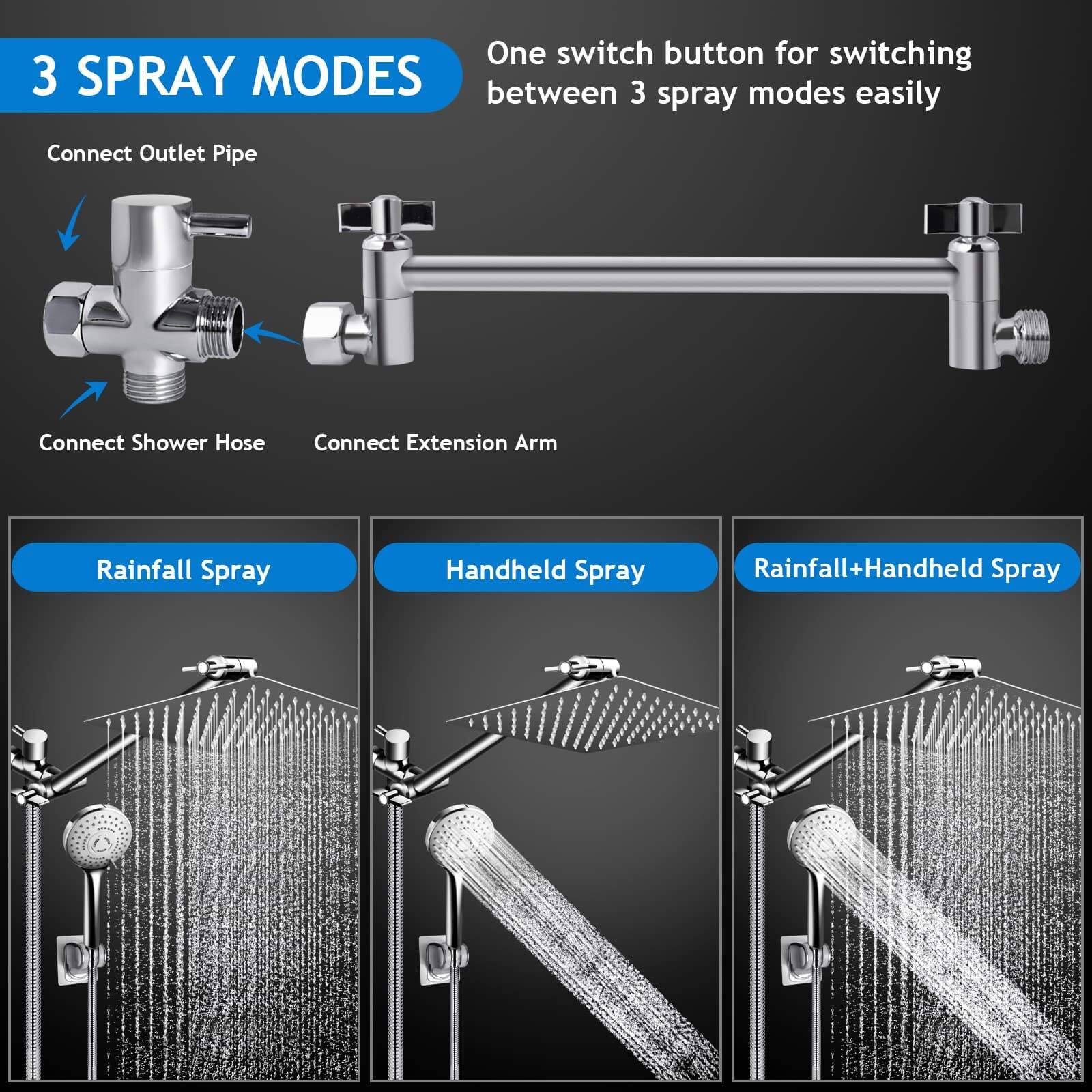 3 SPRAY MODES

One switch button for switching between 3 spray modes easily

Connect Outlet Pipe
Connect Shower Hose
Connect Extension Arm

Rainfall Spray
Handheld Spray
Rainfall+Handheld Spray