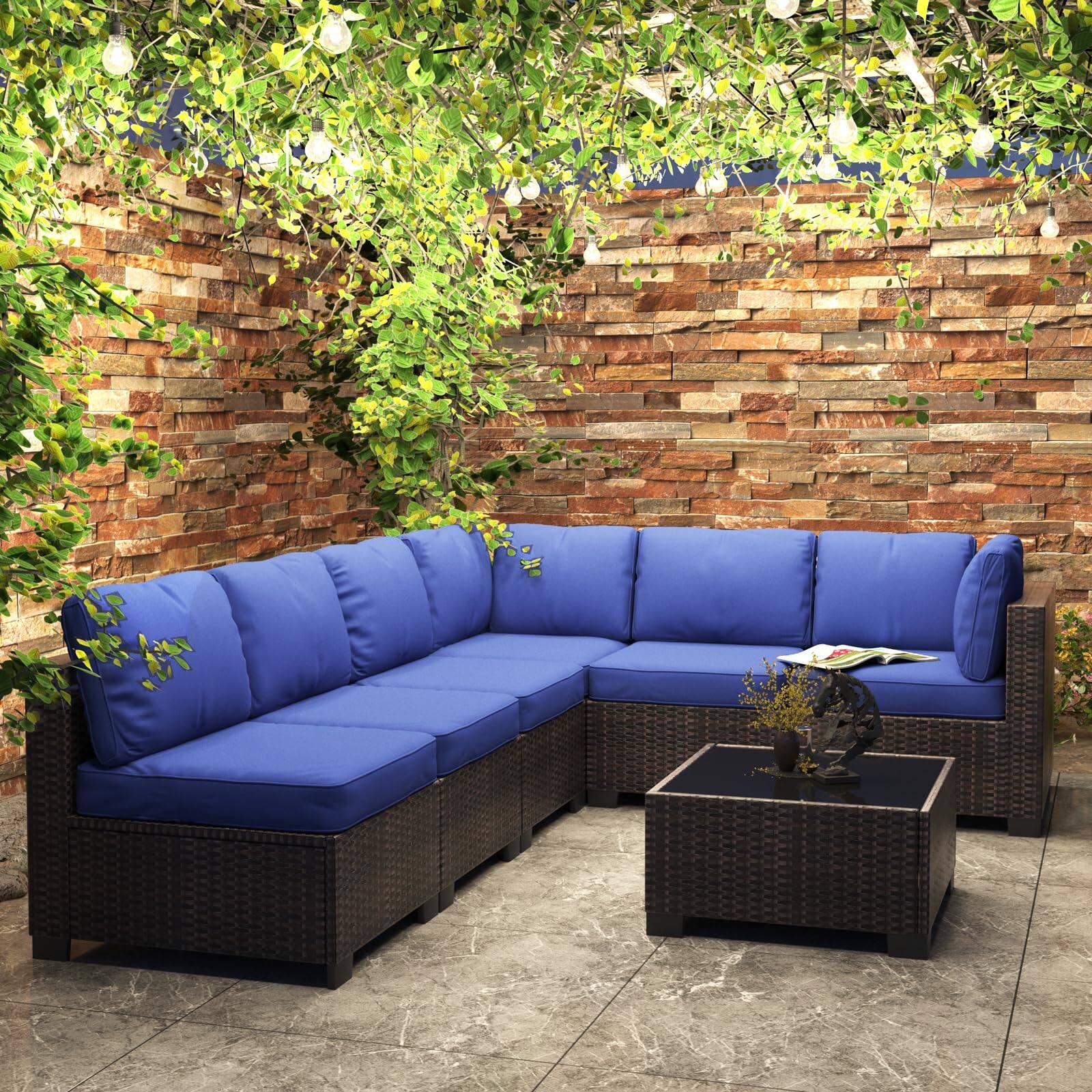 Back. Homhougo - Patio Funiture Set 7 Pieces Outdoor Rattan with Detachable Soft Cushions Patio Conversation Sets - Blue.