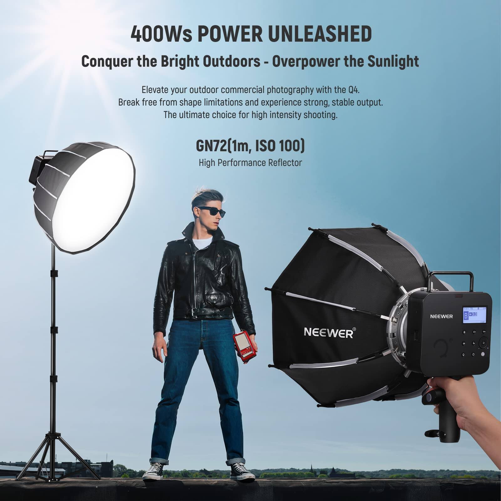 400Ws POWER UNLEASHED  
Conquer the Bright Outdoors - Overpower the Sunlight  

Elevate your outdoor commercial photography with the Q4. Break free from shape limitations and experience strong, stable output. The ultimate choice for high intensity shooting.  

GN72(1m, ISO 100)  
High Performance Reflector  

NEEWER