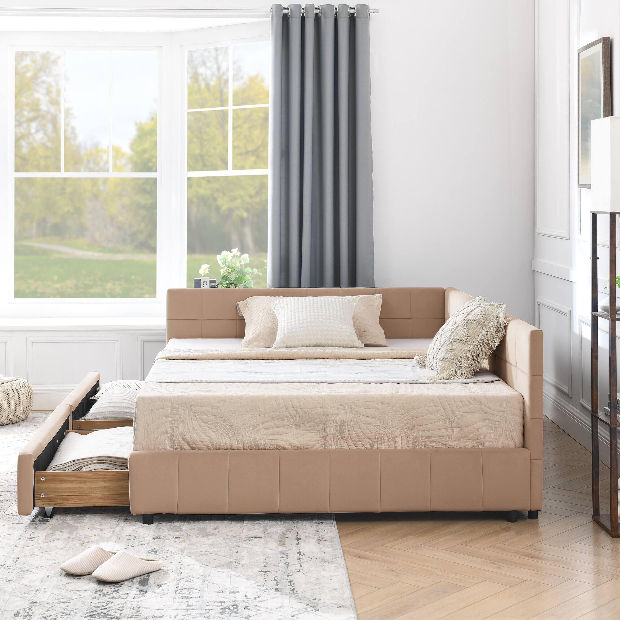 Left. Anysun - Full Size Velvet Tufted Storage Bed Frame - Sofa Bed with Backrest & Armrests for Bedroom or Living Room - Pink.