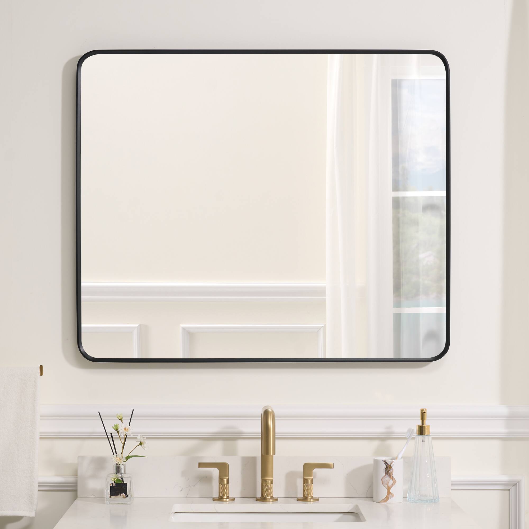 Left. WELLFOR - 30 in. W x 36 in. H Rectangular Aluminum Framed Wall-Mounted Bathroom Vanity Mirror - Matte Black.