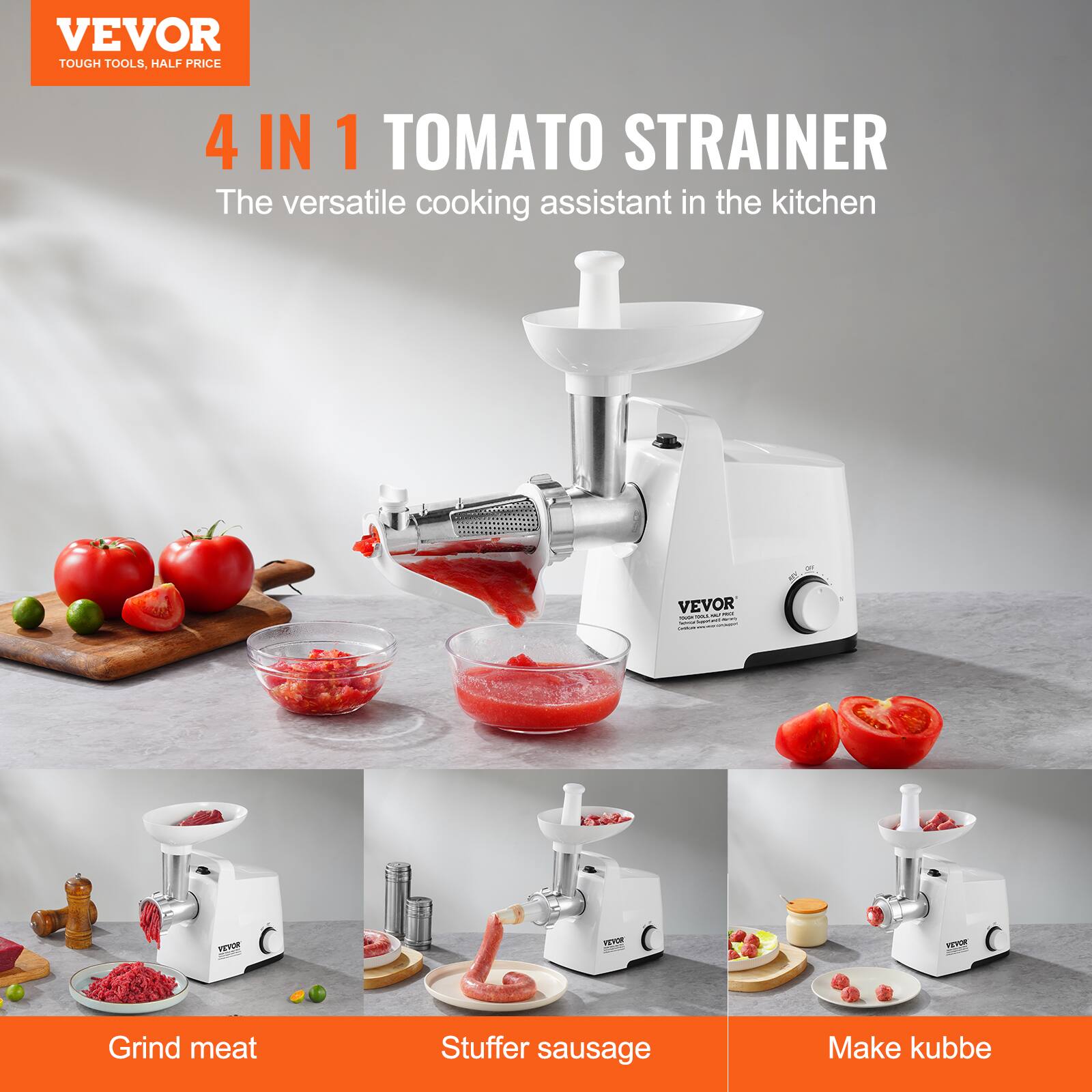 VEVOR  
TOUGH TOOLS, HALF PRICE  

4 IN 1 TOMATO STRAINER  
The versatile cooking assistant in the kitchen  

Grind meat  
Stuffer sausage  
Make kubbe