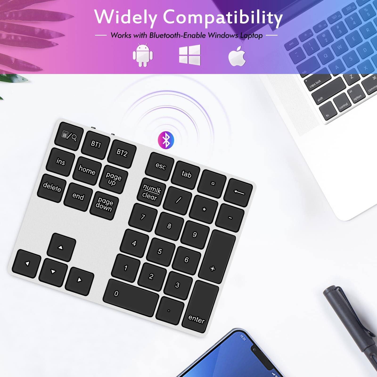 Widely Compatibility  
Works with Bluetooth-Enable Windows Laptop  

BT1 BT2  
esc tab  
home page up page down  
delete end  
ins numlk clear  
4 5 6 1 2 3 0  
7 8 9  
enter
