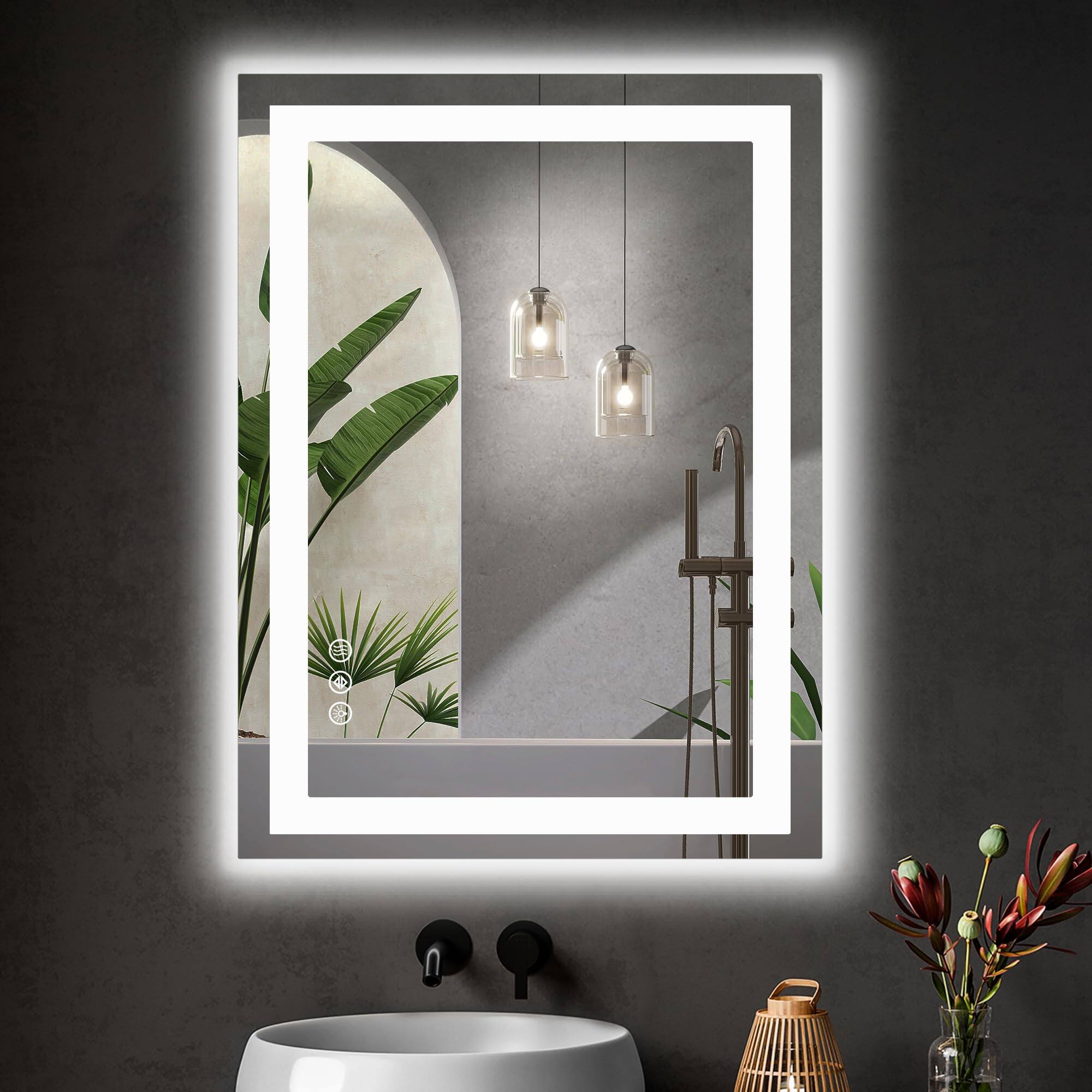Front. VEGA AUTOMOTIVE - 28 x 20 Rectangle Led Bathroom Mirror With Front Light And Backlit Smart Memory Functionr Enhanced Anti fog - 28"L x 36"W.
