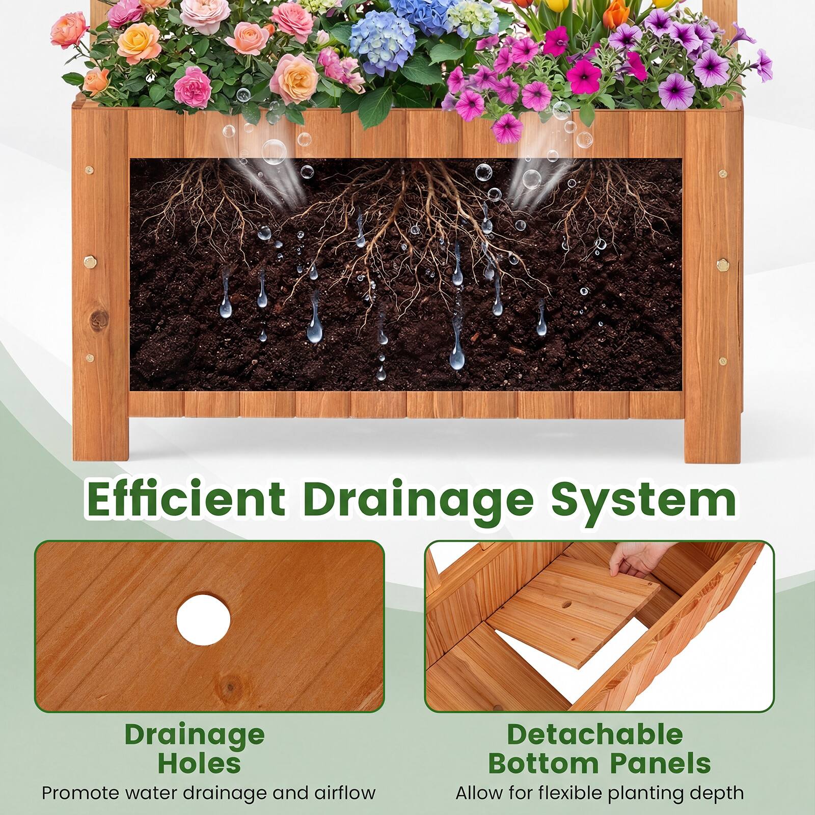 Efficient Drainage System

Drainage Holes
Promote water drainage and airflow

Detachable Bottom Panels
Allow for flexible planting depth