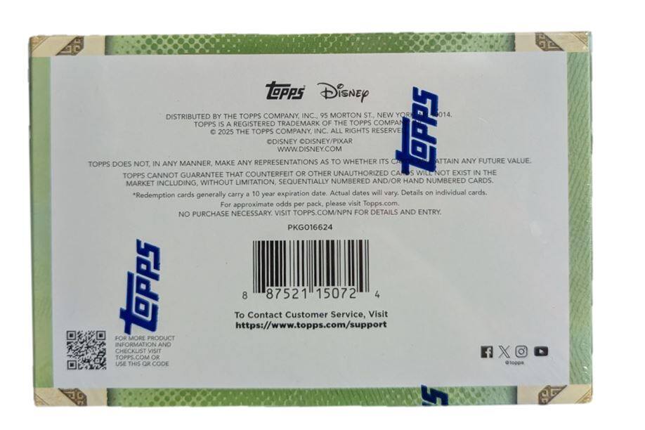 Sure, here is the corrected and grouped text from the image:

---

**Topps Disney**

**DISTRIBUTED BY THE TOPPS COMPANY, INC., 95 MORTON ST., NEW YORK 10014.**

**TOPPS IS A REGISTERED TRADEMARK OF THE TOPPS COMPANY, INC. ALL RIGHTS RESERVED.**

**DISNEY ©DISNEY/PIXAR**

**WWW.DISNEY.COM**

**TOPPS DOES NOT, IN ANY MANNER, MAKE ANY REPRESENTATIONS AS TO WHETHER ITS CARDS WILL ATTAIN ANY FUTURE VALUE. TOPPS CANNOT GUARANTEE THAT COUNTERFEIT OR OTHER UNAUTHORIZED CARDS WILL NOT EXIST IN THE MARKET INCLUDING, WITHOUT LIMITATION, SEQUENTIALLY NUMBERED AND/OR HAND NUMBERED CARDS.**

**Redemption cards generally carry a 10 year expiration date. Actual dates will vary. Details on individual cards.**

**For approximate odds per pack, please visit Topps.com.**

**NO PURCHASE NECESSARY. VISIT TOPPS.COM/NPN FOR DETAILS AND ENTRY.**

**PKGO16624**

**To Contact Customer Service, Visit https://www.topps.com/support**

**FOR MORE PRODUCT INFORMATION AND CHECK