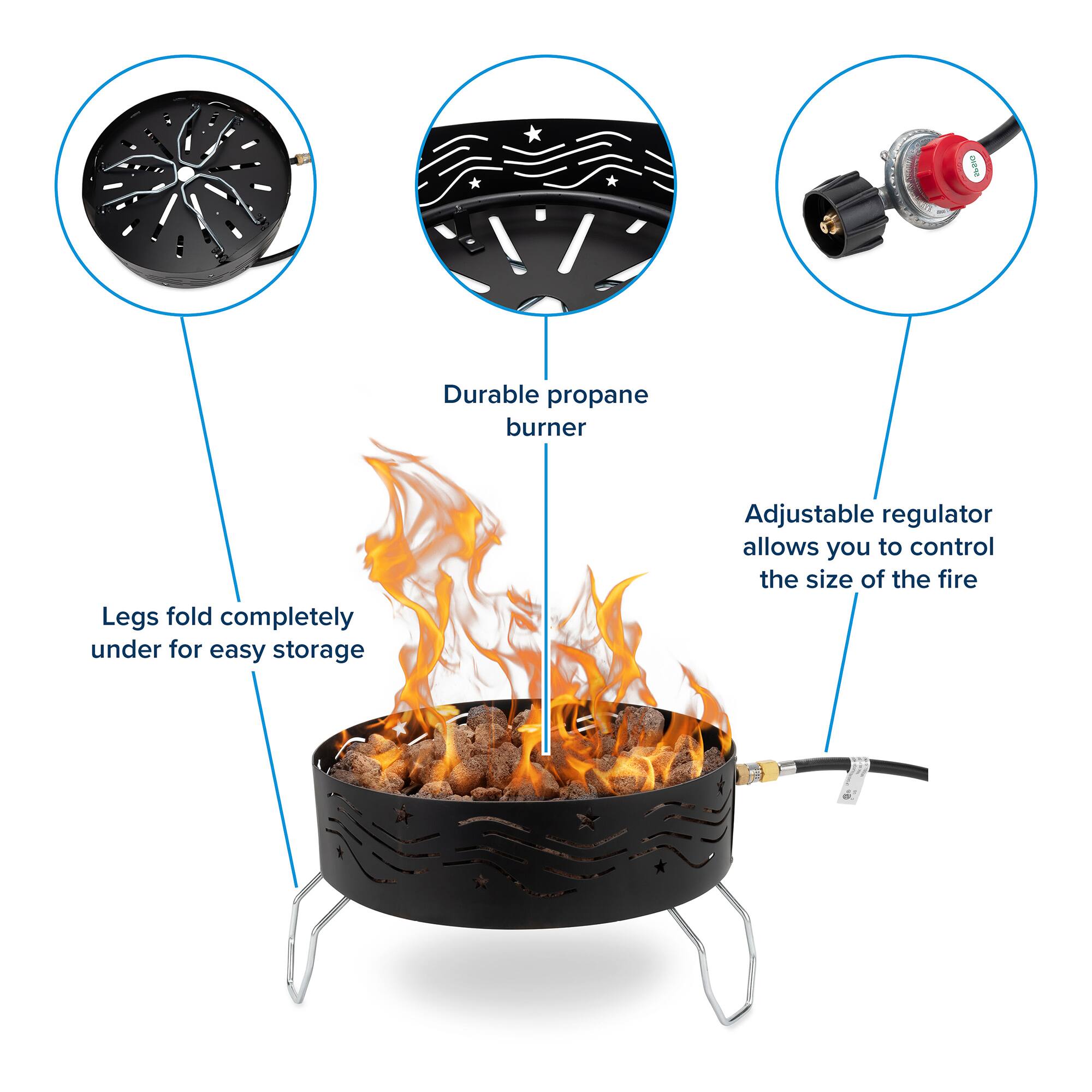 - Durable propane burner
- Legs fold completely under for easy storage
- Adjustable regulator allows you to control the size of the fire
