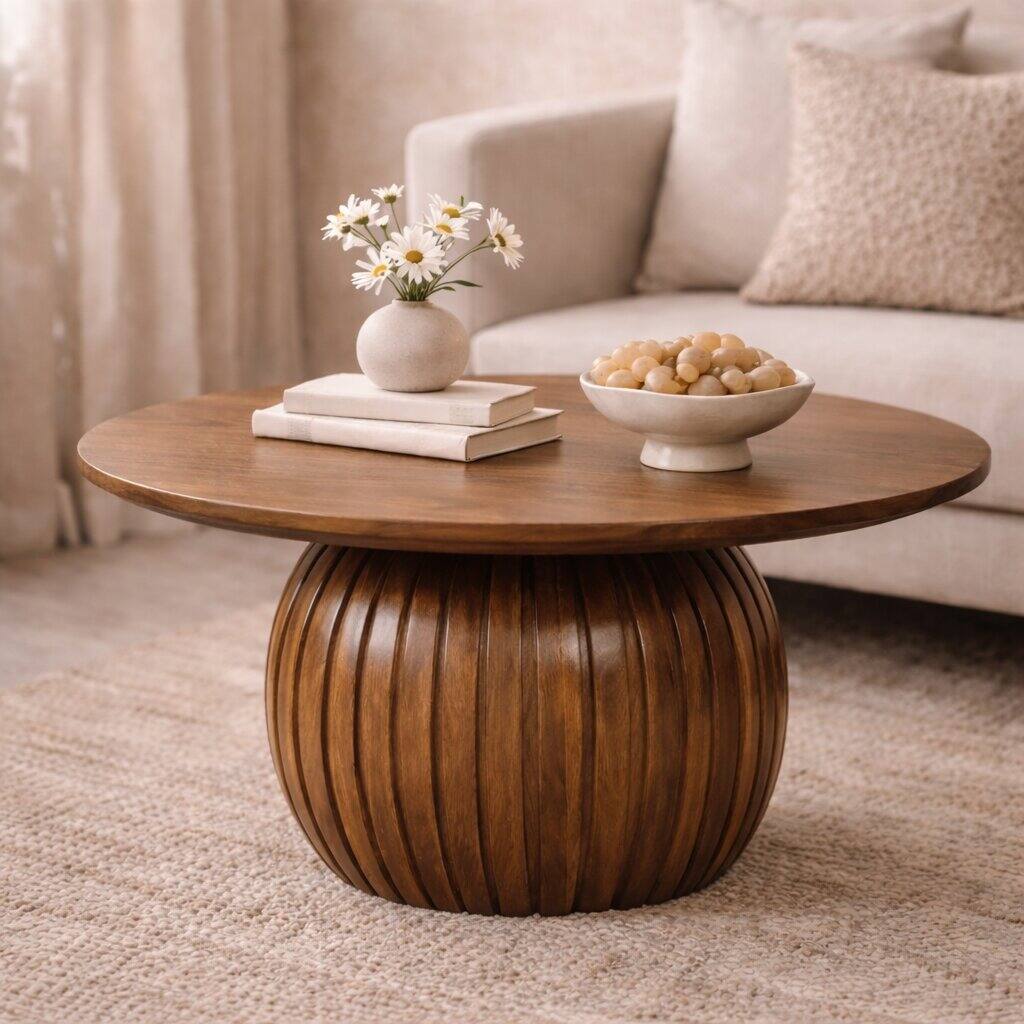 Angle. Artisan Furniture - Round Fluted Coffee Table, Brown - Brown.