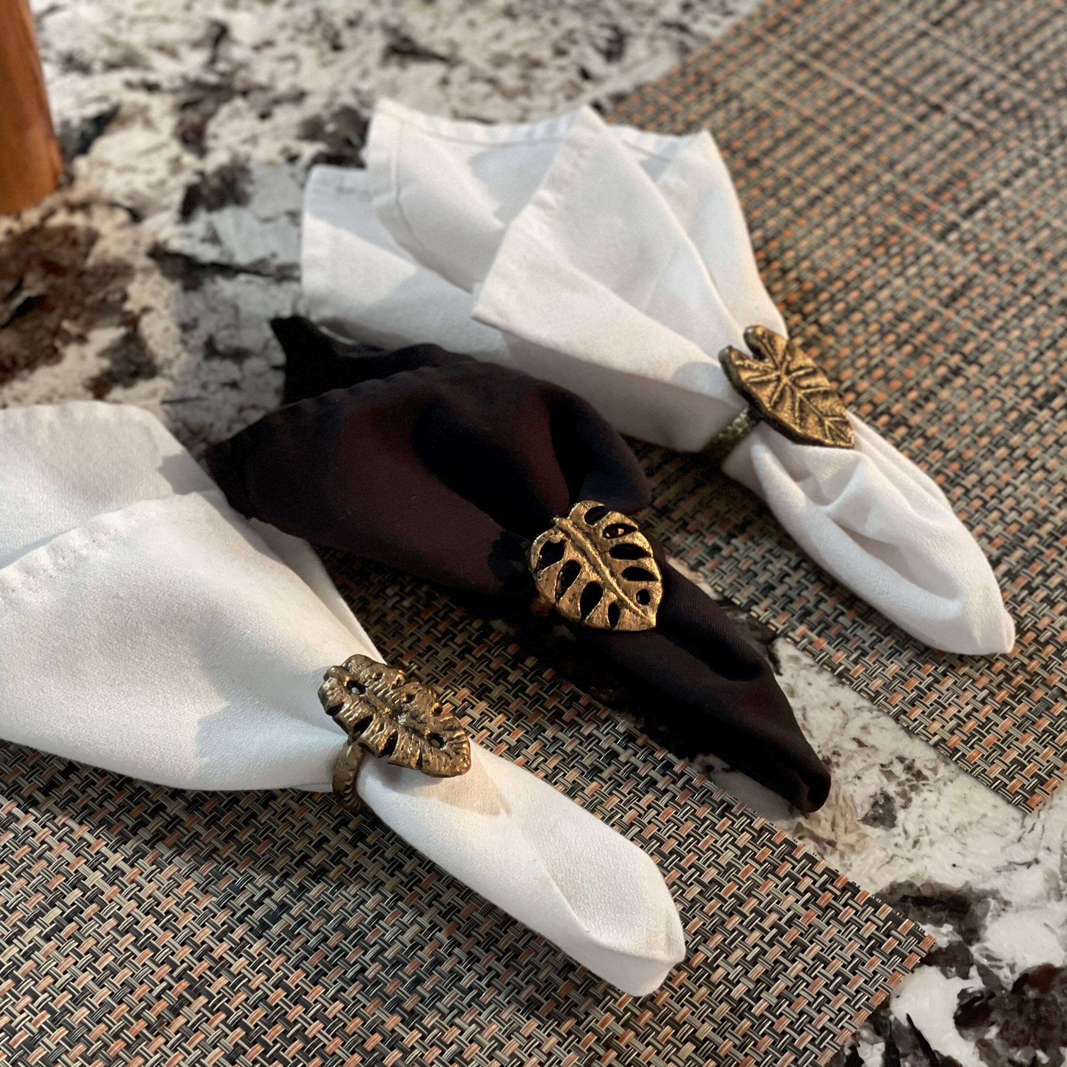 Alt View 4. Zeckos - Set of 6 Antique Gold Cast Iron Tropical Leaf Napkin Rings Dining Decor - Gold.