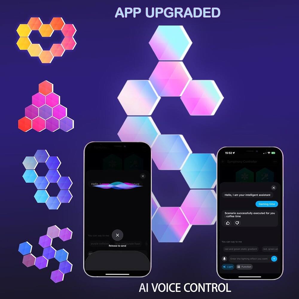 APP UPGRADED

AI VOICE CONTROL

Hello, I am your intelligent assistant

Scenario successfully executed for you - coffee time

You can say to me
- Purple collision
- Release to send purple flash

You can say to me
- red and green static gradient
- red, green and

Enter the lighting effect you want

Light Function

VOICE CONTROL
