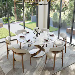POVISON - 59" Modern White Round Dining Table for 4, Glossy Sintered Stone Tabletop with Bronze X Carbon Steel Base - White Glossy Sintered Stone with Bronze