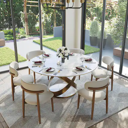 Front. POVISON - 59" Modern White Round Dining Table for 4, Glossy Sintered Stone Tabletop with Bronze X Carbon Steel Base - White Glossy Sintered Stone with Bronze.