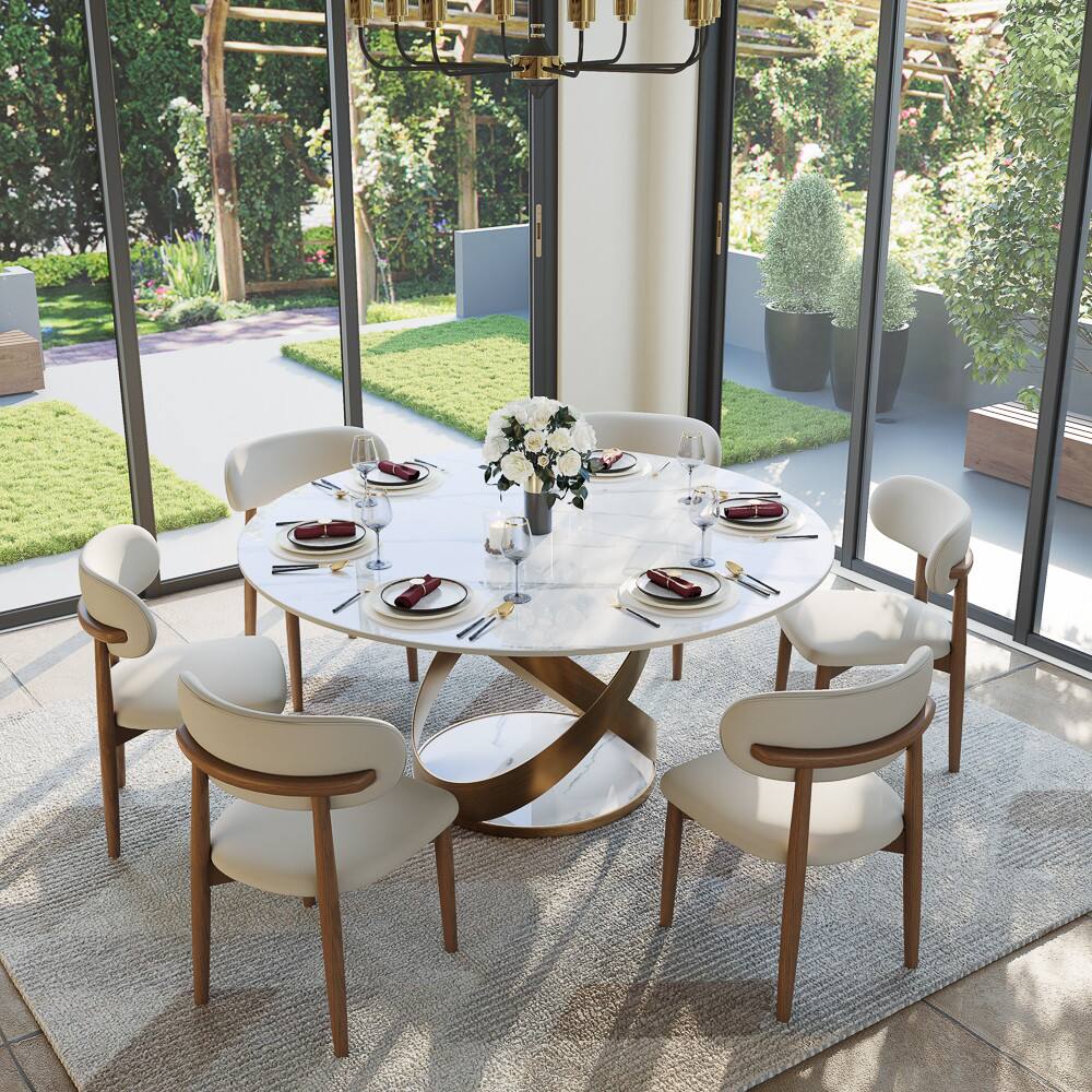 Front. POVISON - 59" Modern White Round Dining Table for 4, Glossy Sintered Stone Tabletop with Bronze X Carbon Steel Base - White Glossy Sintered Stone with Bronze.