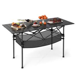 Costway - Patio Folding Camping Table with Aluminum Roll-up Tabletop & Mesh Basket - Black