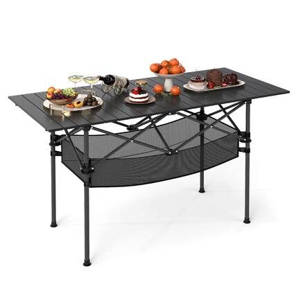 Front. Costway - Costway Patio Folding Camping Table with Aluminum Roll-up Tabletop & Mesh Basket - Black.