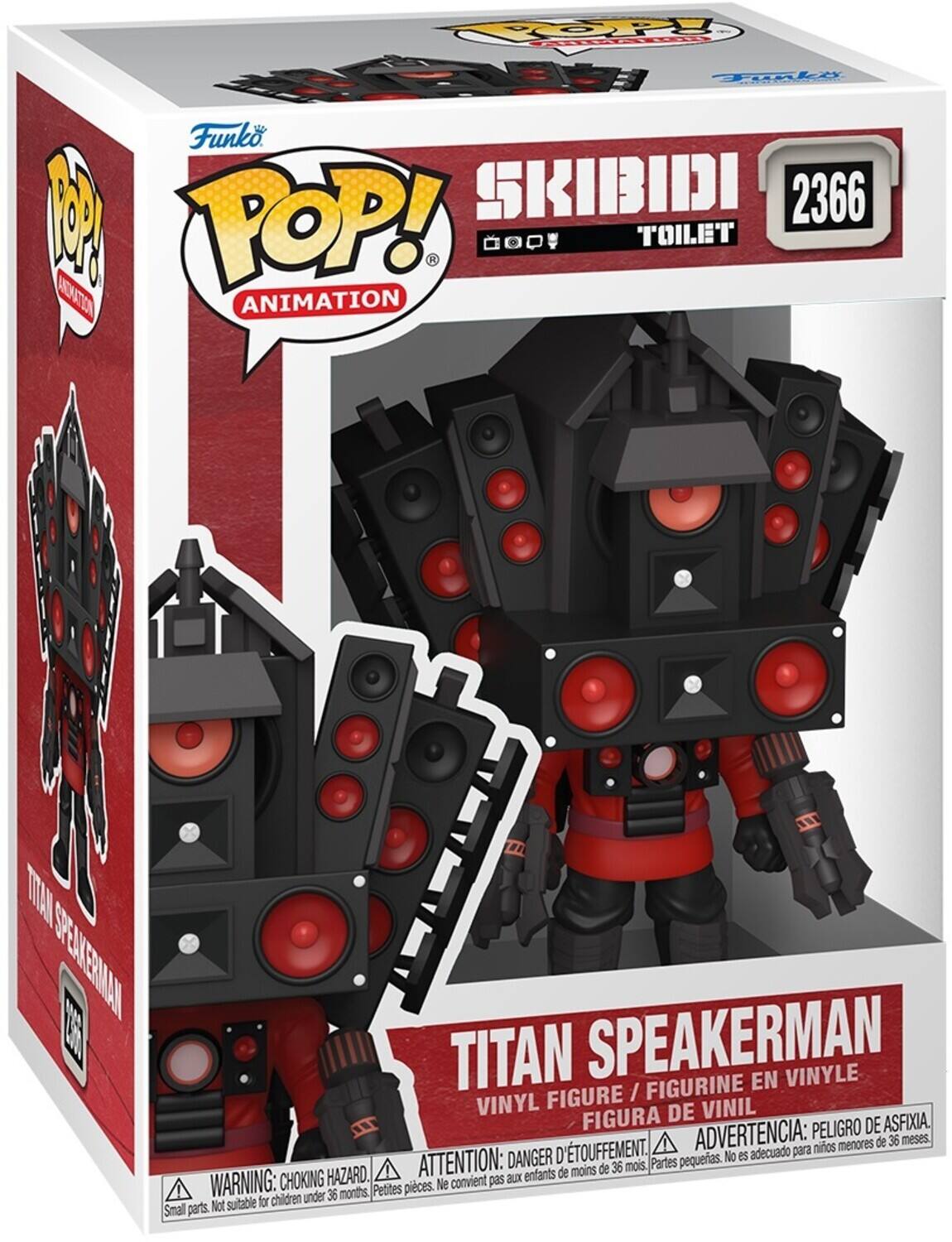 Funko POP! ANIMATION  
SKIBIDI TOILET  
2366  
TITAN SPEAKERMAN  
VINYL FIGURE / FIGURINE EN VINYLE / FIGURA DE VINIL  

WARNING: CHOKING HAZARD. Small parts. Not suitable for children under 36 months.  
ADVERTENCIA: PELOJO DE ASFIXIA. D'TOUFFEMENT. No es adecuado para niños menores de 36 meses.  
ATTENTION: DANGER D'ÉTOUFFEMENT. Ne convient pas aux enfants de moins de 36 mois.