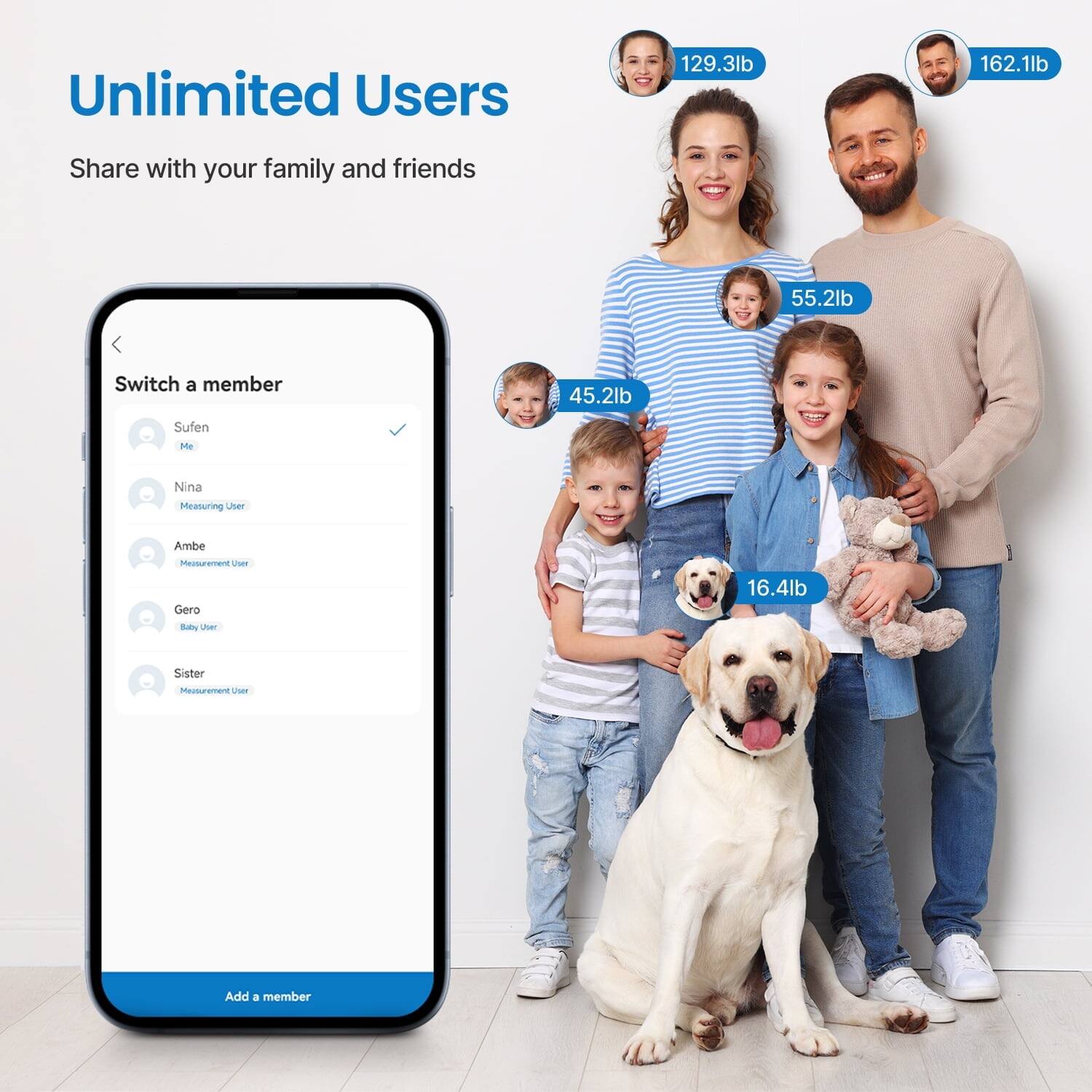 Unlimited Users  
129.3lb  
162.1lb  
Share with your family and friends  
55.2lb  
Switch a member  
45.2lb  
Sufen Me  
Nina Measuring User  
Ambe Measurement User  
Gero Baby User  
Sister Measurement User  
16.4lb  
Add a member