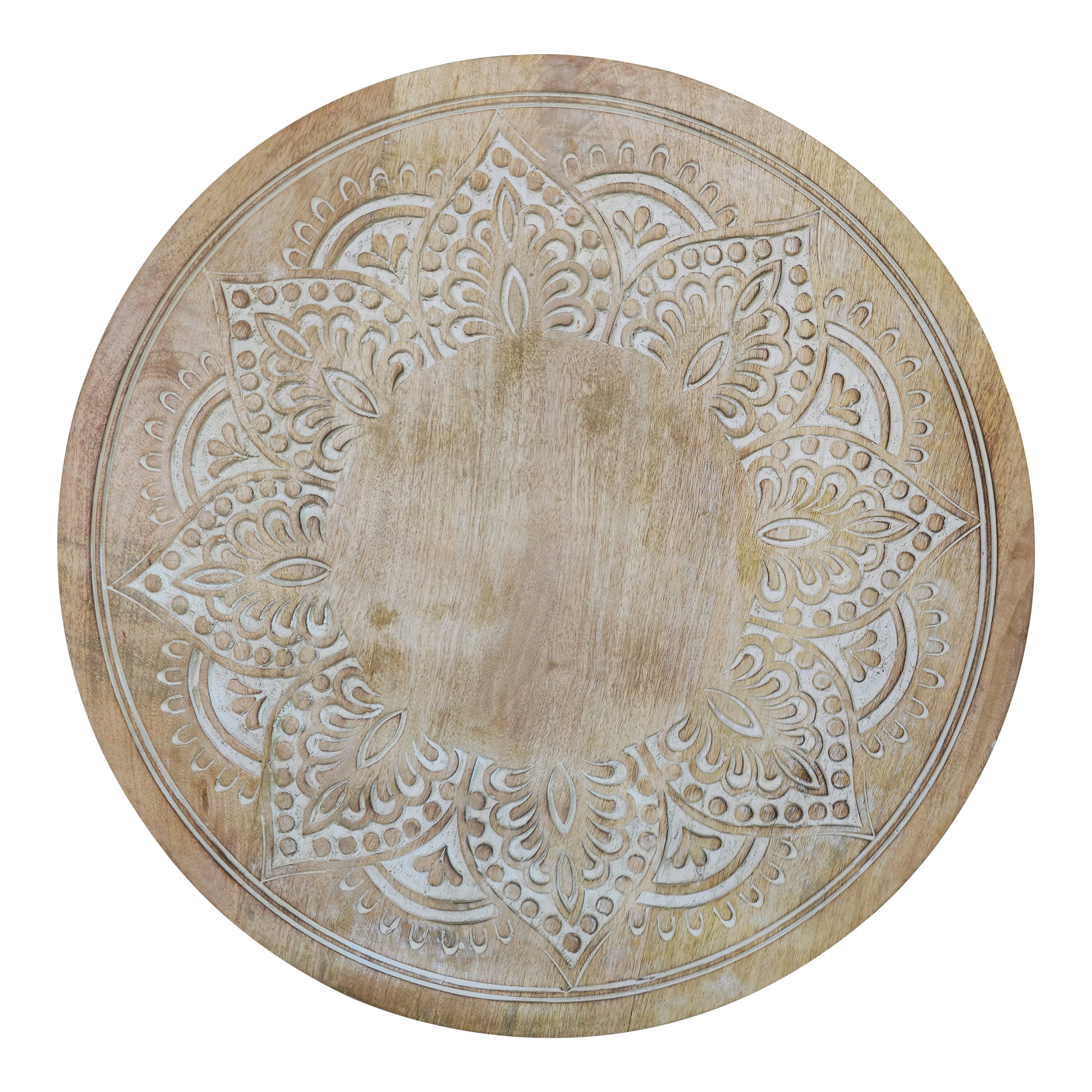 Left. Manhattan Lane - Accent Side Table, 24 Inch Round Top, Mango Wood Floral Cut Out Carved Motifs - Natural Brown, Washed White.
