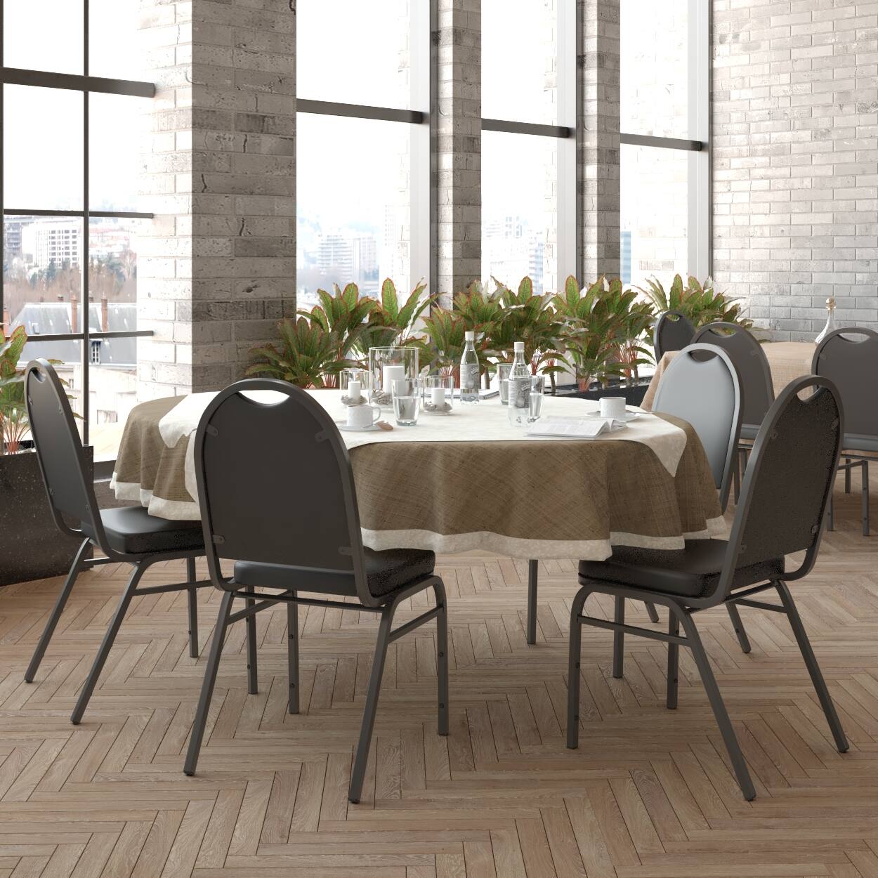 Alt View 2. Emma + Oliver - Dymoke Versatile Dome Back Stacking Banquet Chair - Black Vinyl/Black Frame.