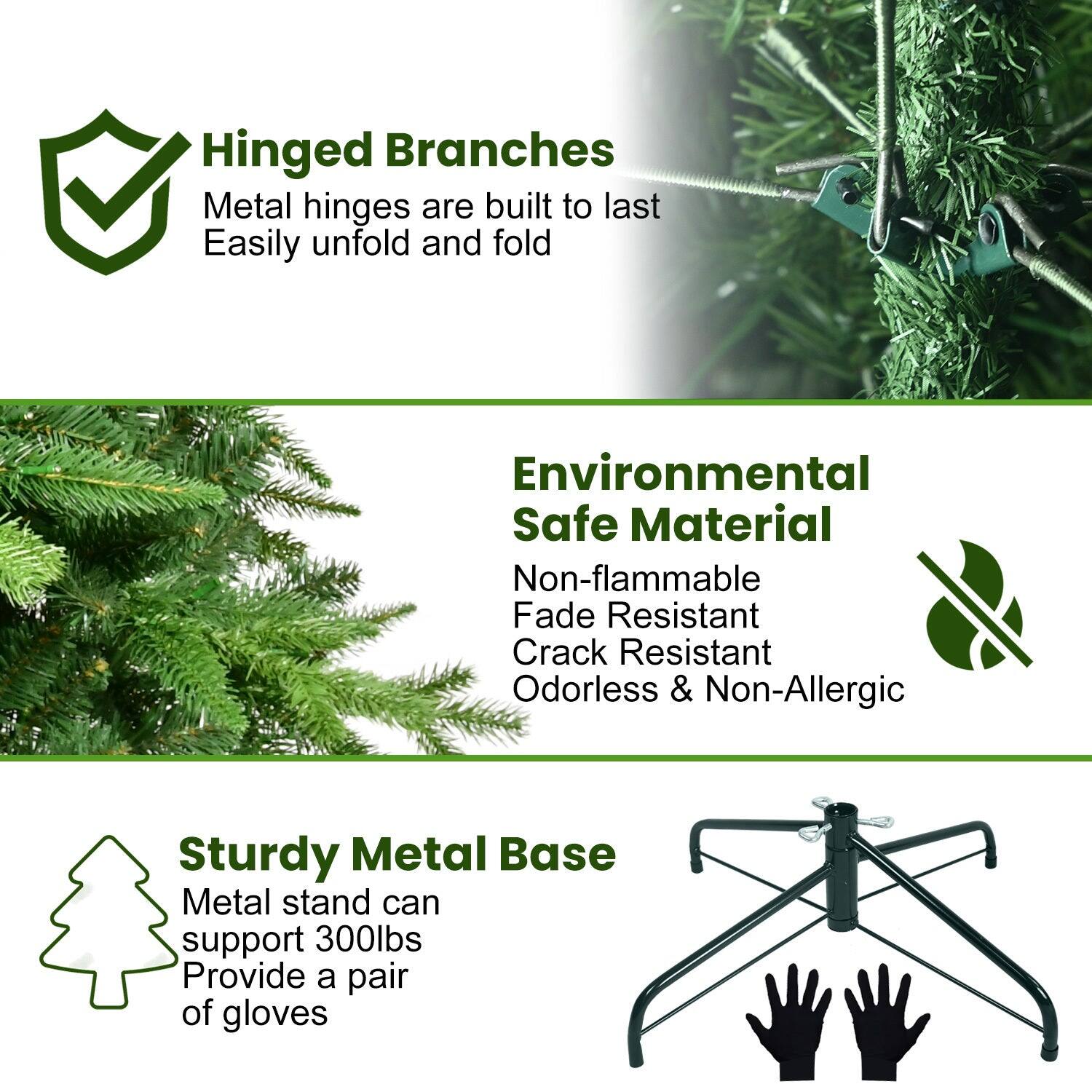 Hinged Branches  
Metal hinges are built to last  
Easily unfold and fold  

Environmental Safe Material  
Non-flammable  
Fade Resistant  
Crack Resistant  
Odorless & Non-Allergic  

Sturdy Metal Base  
Metal stand can support 300lbs  
Provide a pair of gloves