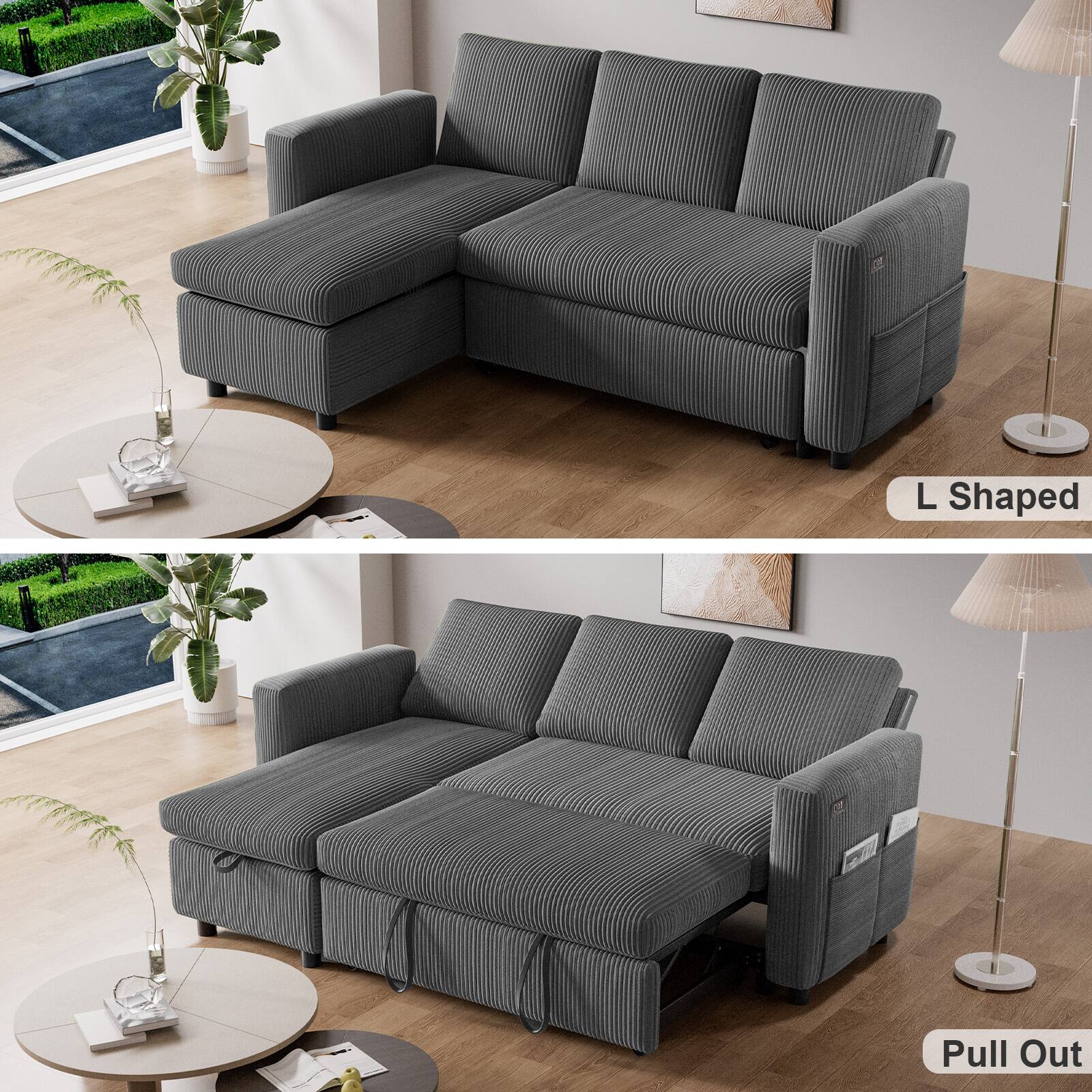 Back. Dyonery - 81" L Shaped Pull Out Couches for Living Room with Storage Chaise, USB Port&Cupholder - Grey.