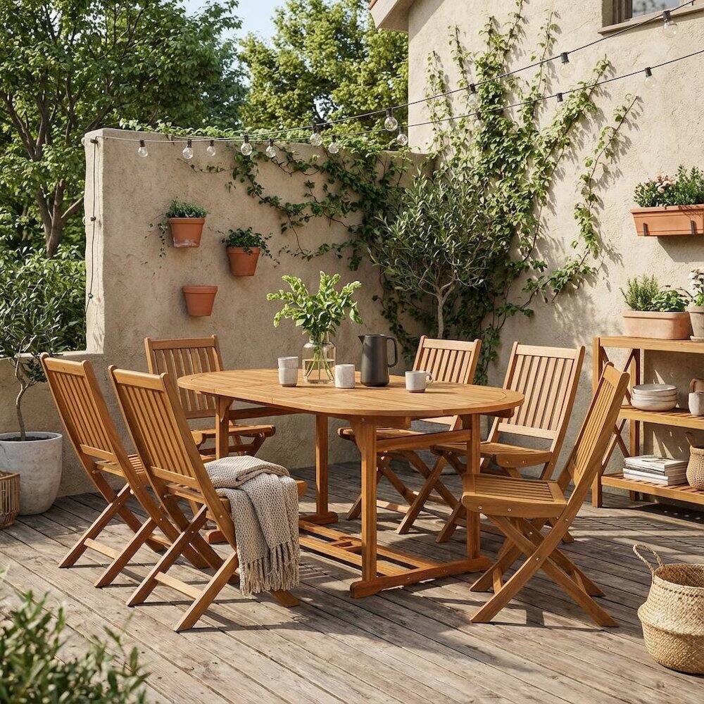 Alt View 3. Outdoor Escape - 7-Pc Outdoor Set, Oil Finish with 6 Slatted Back Chairs and Round Coffee Table - Natural Oil.