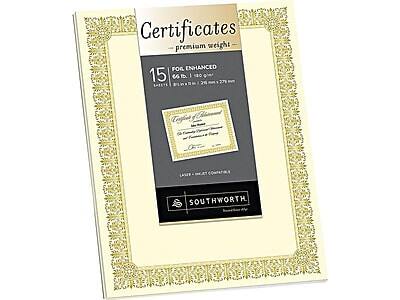 Certificates  
premium weight  

15 FOR ENHANCED  
66 lb. (140 gsm)  
Letter 8.5" x 11" (216 mm x 279 mm)  

Certificate of Achievement  
[Name]  
[Title]  
[Date]  

Laser - Inkjet Compatible  

SOUTHWORTH  
Premium Papers