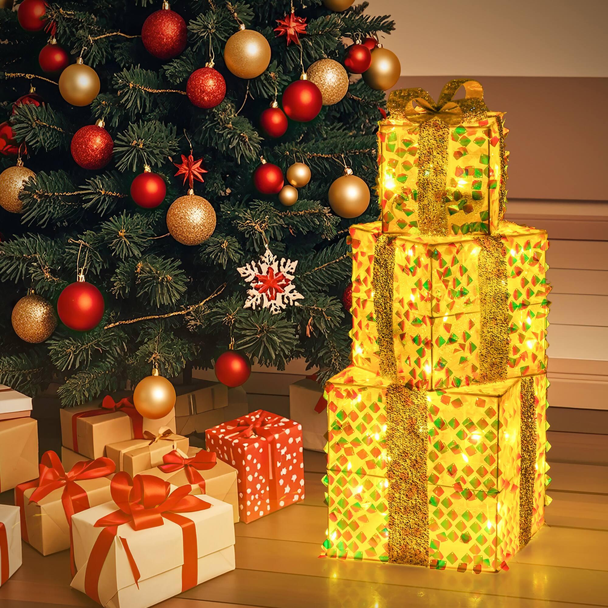 Alt View 4. Gymax - Gymax 3 PCS Christmas Lighted Gift Boxes w/ 90 LED Lights Zip Ties Ground Stakes - Warm White.