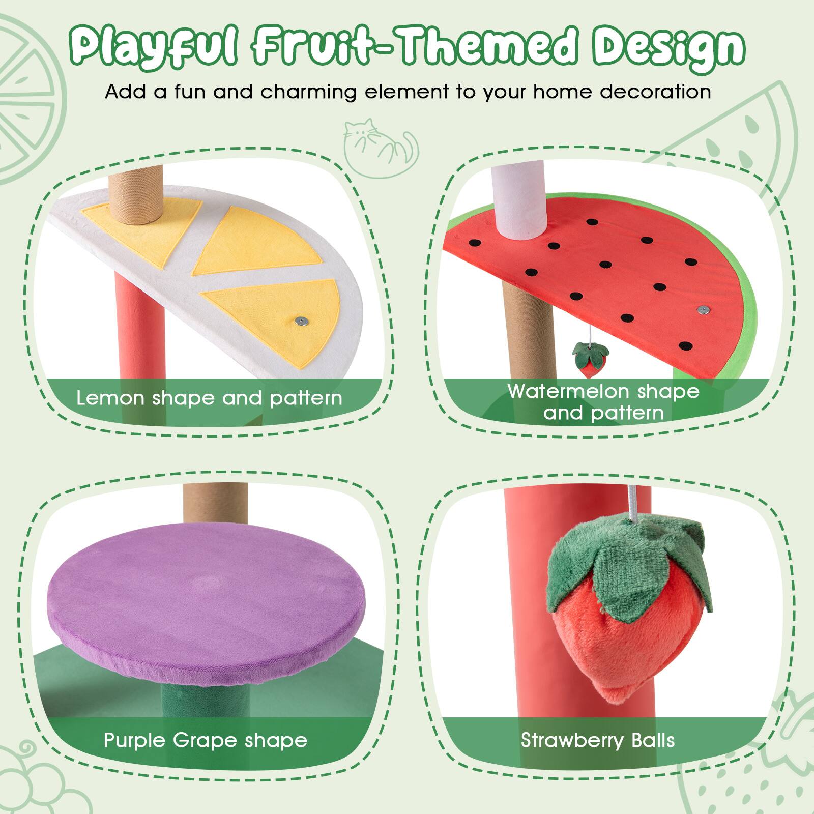Playful Fruit-Themed Design  
Add a fun and charming element to your home decoration  

- Lemon shape and pattern  
- Watermelon shape and pattern  
- Purple Grape shape  
- Strawberry Balls