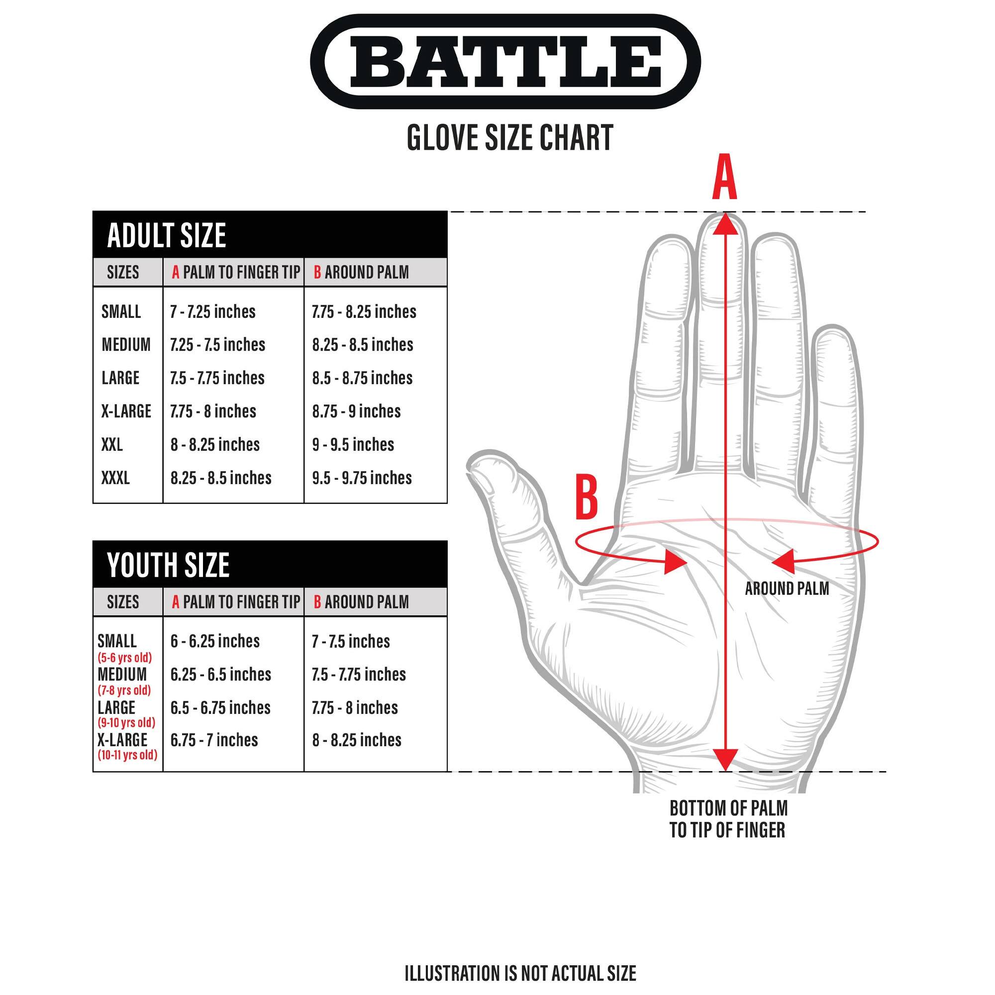 BATTLE GLOVE SIZE CHART

ADULT SIZE
SIZES A PALM TO FINGER TIP B AROUND PALM
SMALL 7 - 7.25 inches 7.75 - 8.25 inches
MEDIUM 7.25 - 7.5 inches 8.25 - 8.5 inches
LARGE 7.5 - 7.75 inches 8.5 - 8.75 inches
X-LARGE 7.75 - 8 inches 8.75 - 9 inches
XXL 8 - 8.25 inches 9 - 9.5 inches
XXXL 8.25 - 8.5 inches 9.5 - 9.75 inches

YOUTH SIZE
SIZES A PALM TO FINGER TIP B AROUND PALM
SMALL (5-6 yrs old) 6 - 6.25 inches 7 - 7.5 inches
MEDIUM (7-8 yrs old) 6.25 - 6.5 inches 7.5 - 7.75 inches
LARGE (9-10