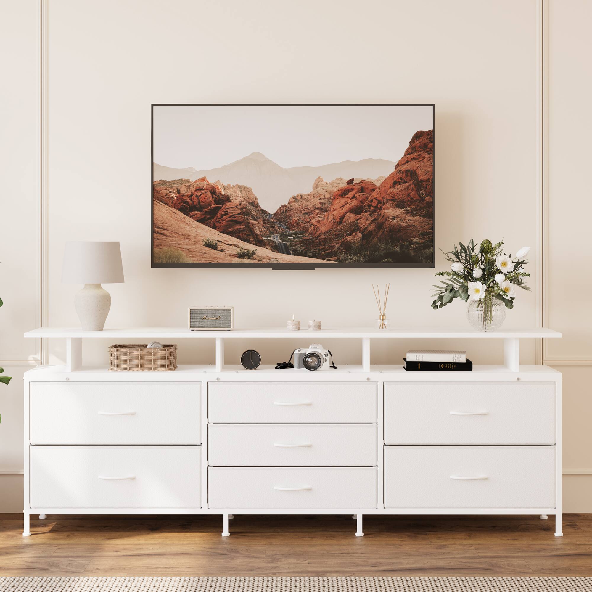 Alt View 4. HAUSOURCE - 63" Entertainment Center Media Console Table with 7 Drawers Height Adjustable Mount Dresser TV Stand, White - White.