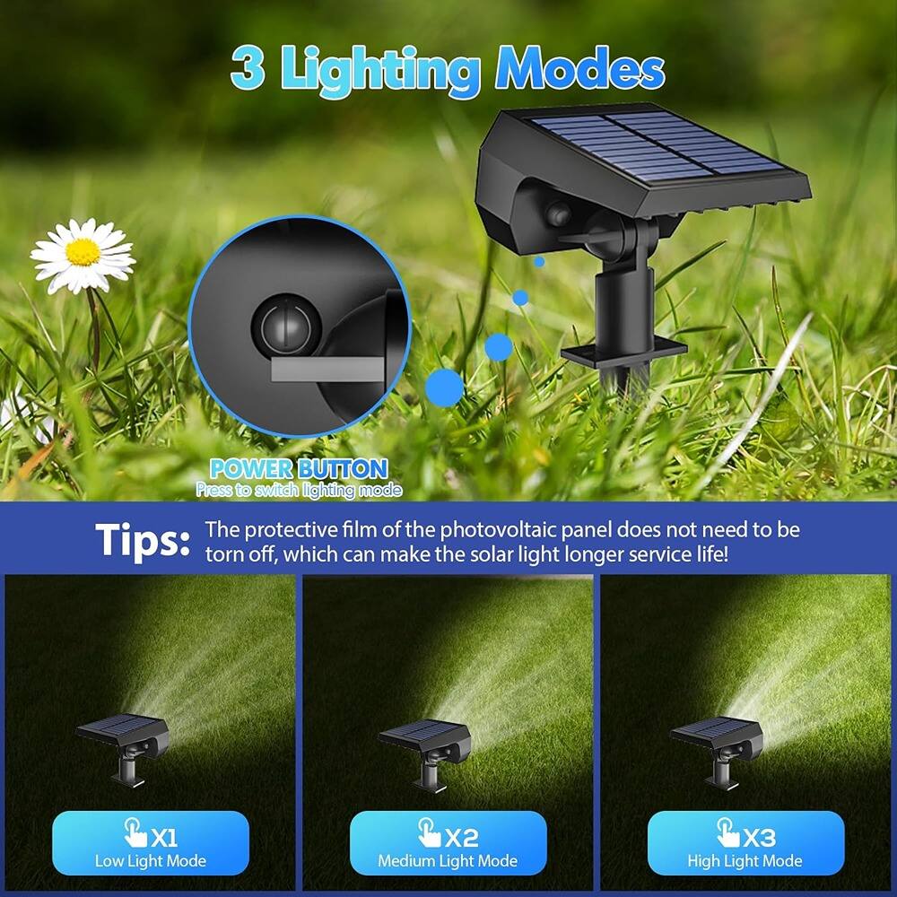 3 Lighting Modes

POWER BUTTON  
Press to switch lighting mode

Tips:  
The protective film of the photovoltaic panel does not need to be torn off, which can make the solar light longer service life!

X1 Low Light Mode  
X2 Medium Light Mode  
X3 High Light Mode