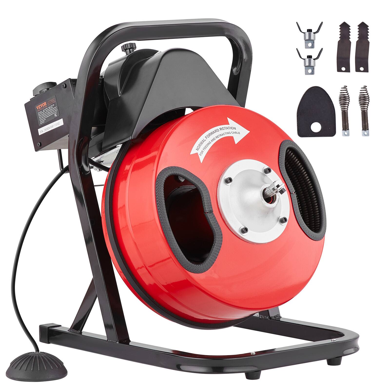 VEVOR - Drain Cleaner Machine 50FT x 1/2 Inch, Manual Feed Sewer Snake Auger - with Air-activated Foot Switch for 2" to 4" Pipes - Red