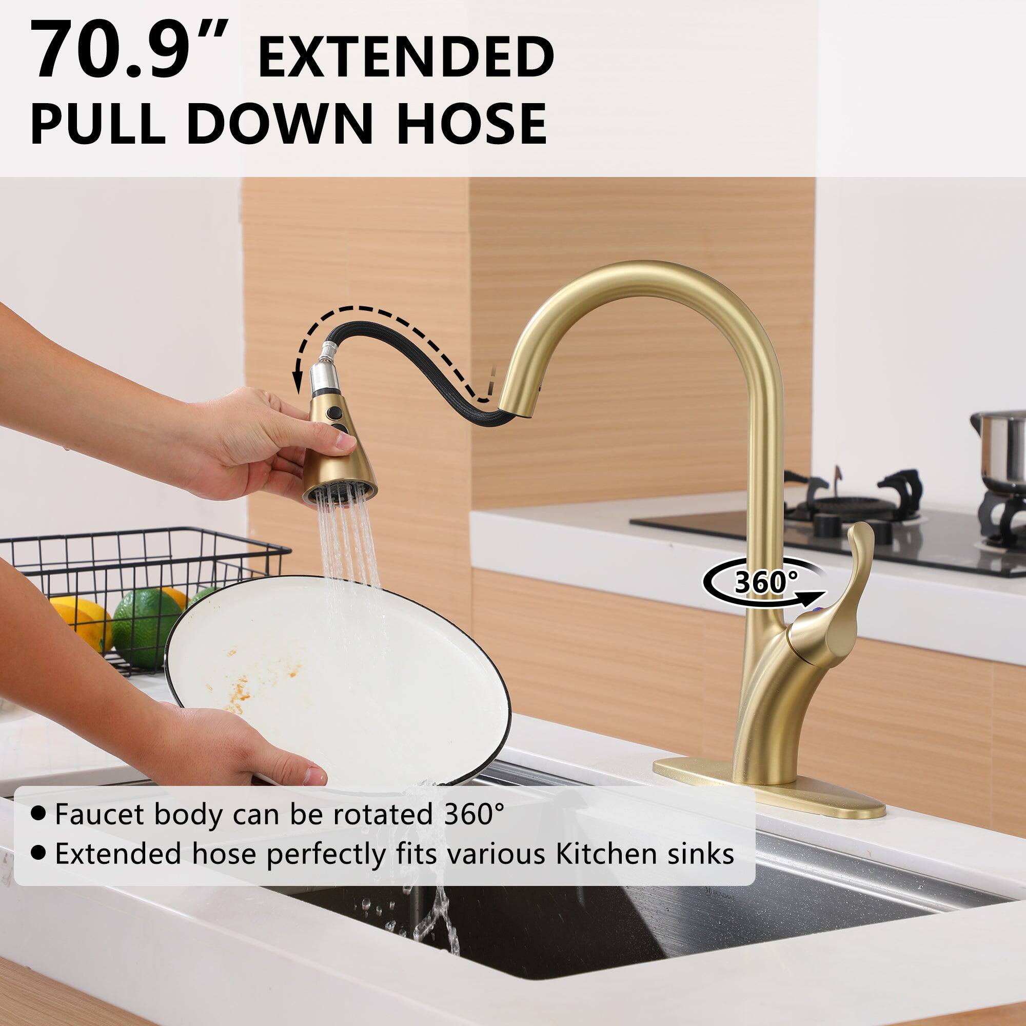 70.9" EXTENDED PULL DOWN HOSE

Faucet body can be rotated 360°
Extended hose perfectly fits various Kitchen sinks