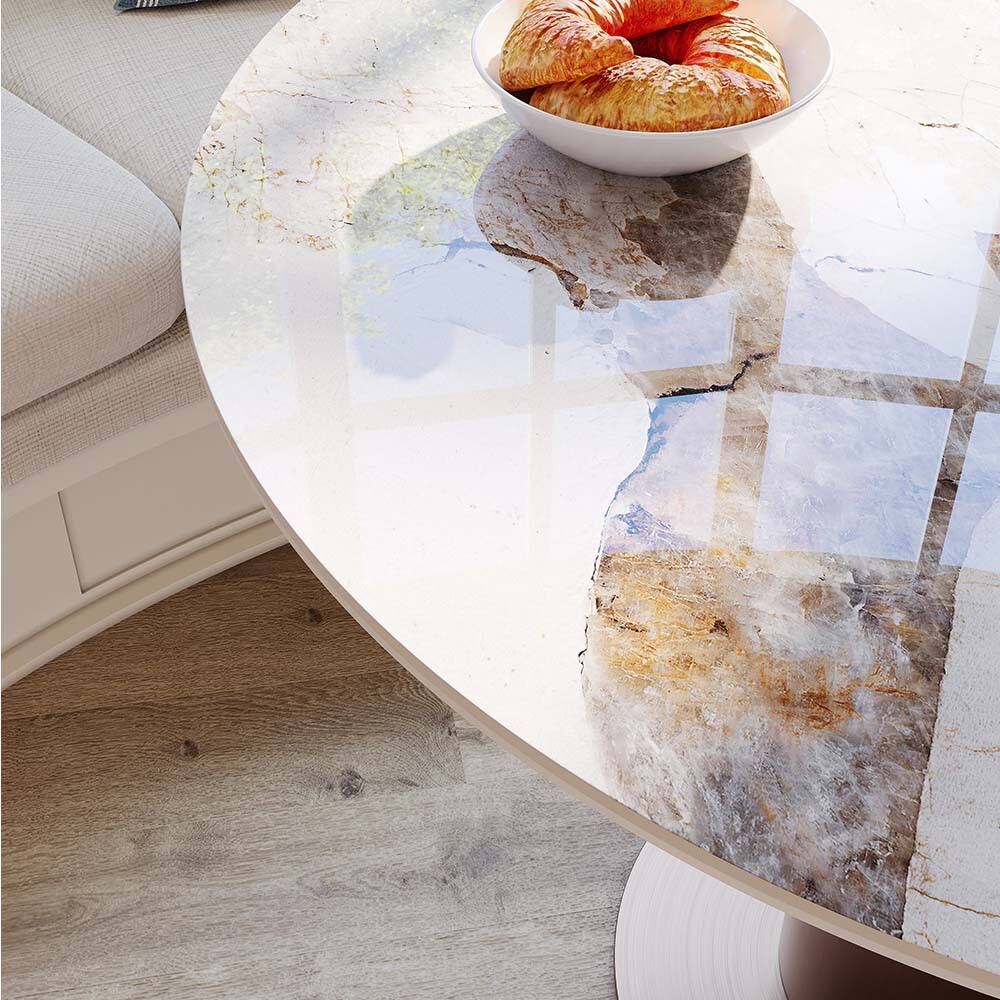 Back. POVISON - 32" Modern Bistro Table for Kitchen & Compact Spaces, Glossy Pandora Sintered Stone Top with Bronze Metal Base - Pandora.