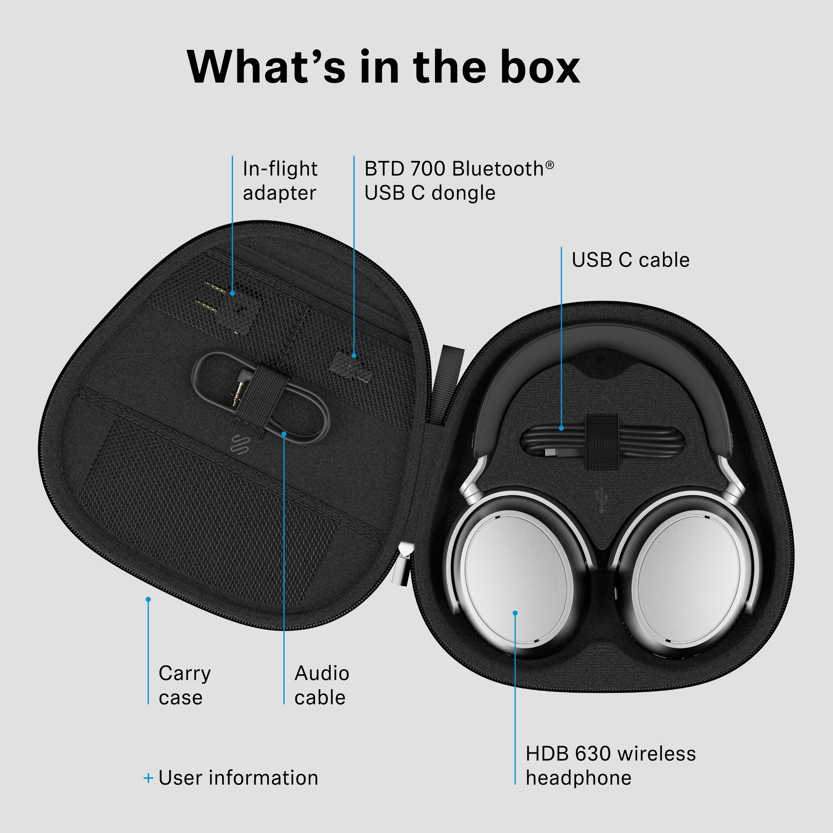 What's in the box

- In-flight adapter
- BTD 700 Bluetooth® USB C dongle
- USB C cable
- Carry case
- Audio cable
- HDB 630 wireless headphone
- User information