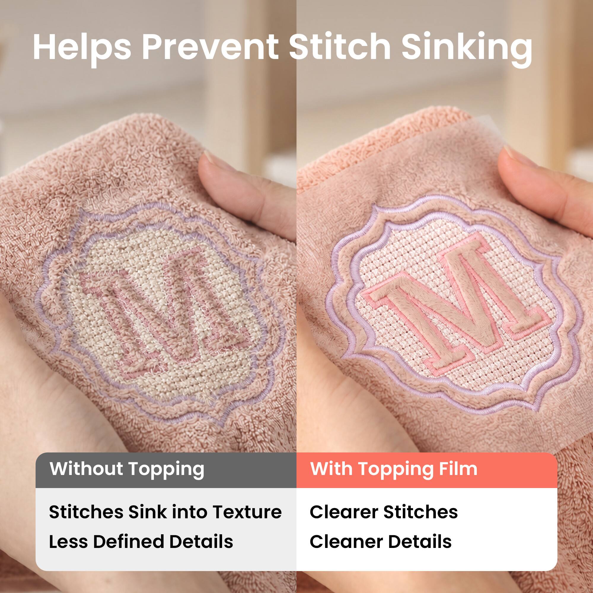 Helps Prevent Stitch Sinking

Without Topping
Stitches Sink into Texture
Less Defined Details

With Topping Film
Clearer Stitches
Cleaner Details