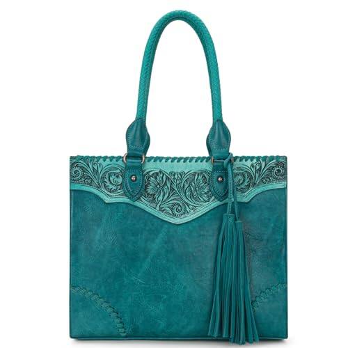 Front. DORLUKFU - Western Tooling Handbags Vintage Prints and Whipstitch Craftsmanship - Tassels Turquoise.