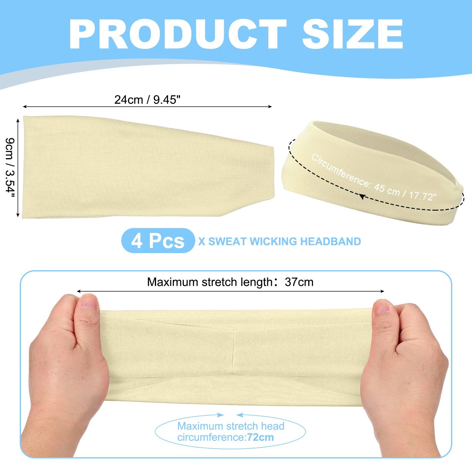 PRODUCT SIZE

24cm / 9.45"  
9cm / 3.54"  
Circumference: 45 cm / 17.72"  

4 Pcs X SWEAT WICKING HEADBAND  

Maximum stretch length: 37cm  
Maximum stretch head circumference: 72cm