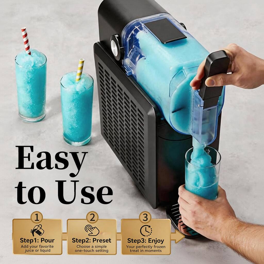 Easy to Use

1. Step 1: Pour
   Add your favorite juice or liquid

2. Step 2: Preset
   Choose a simple one-touch setting

3. Step 3: Enjoy
   Your perfectly frozen treat in moments