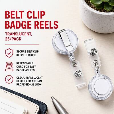 BELT CLIP BADGE REELS TRANSLUCENT, 25/PACK

- SECURE BELT CLIP KEEPS ID CLOSE
- RETRACTABLE CORD FOR EASY BADGE ACCESS
- CLEAR, TRANSLUCENT DESIGN FOR A CLEAN PROFESSIONAL LOOK
