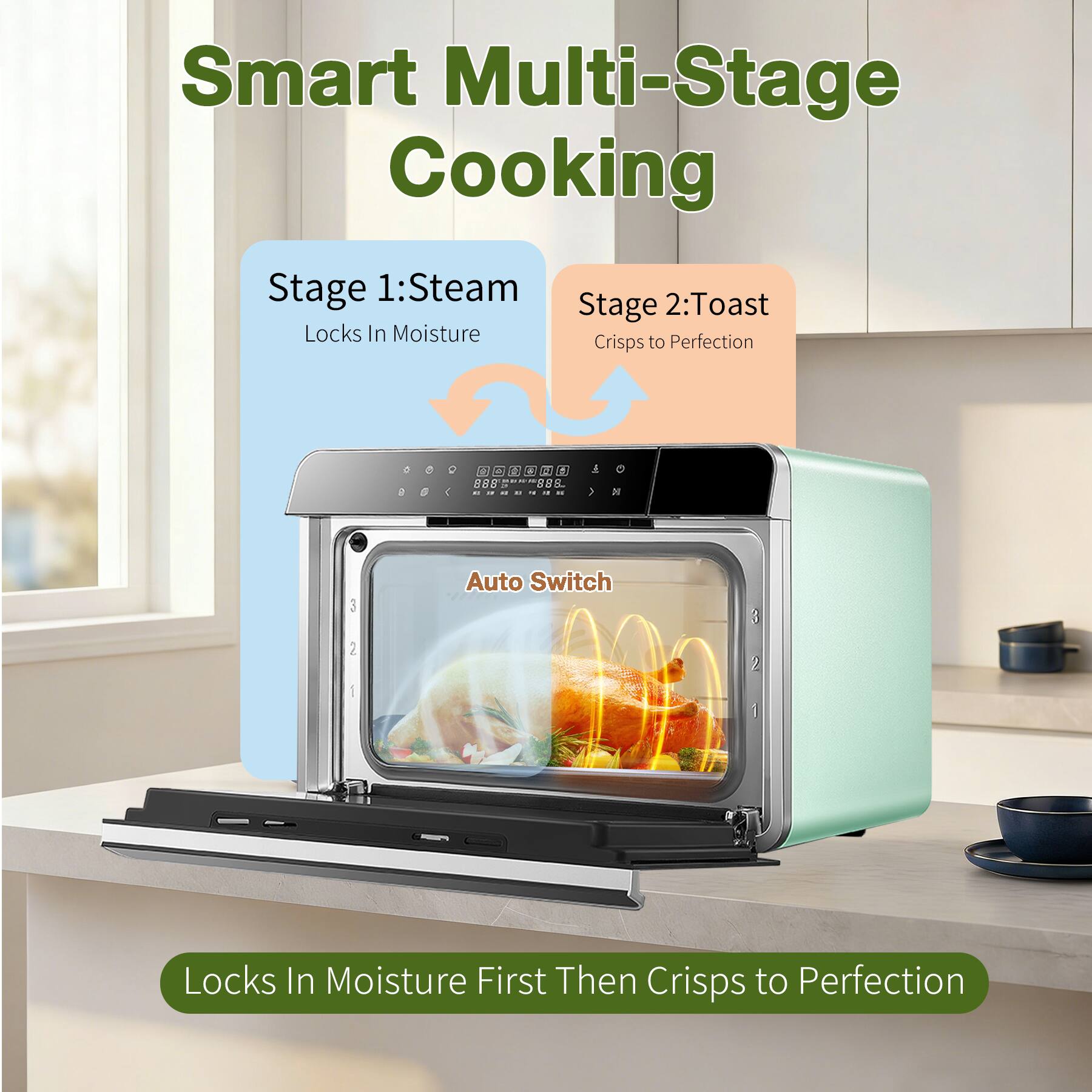 Smart Multi-Stage Cooking

Stage 1: Steam
Locks In Moisture

Stage 2: Toast
Crisps to Perfection

Auto Switch

Locks In Moisture First Then Crisps to Perfection