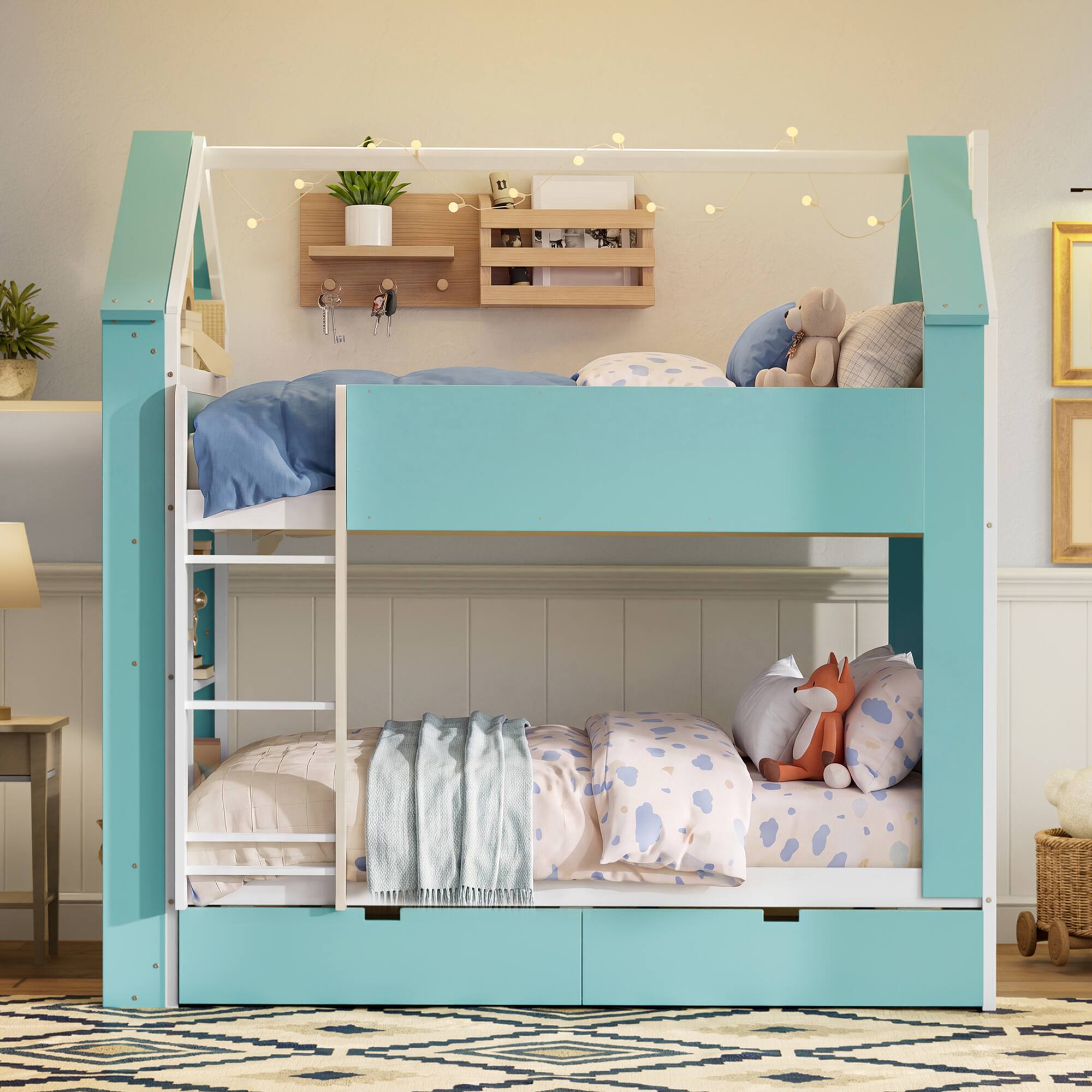 Left. Anysun - Full Size Bunk Bed with Storage Drawers & Shelves, Two-Tone Wood, Light Strip, Space-Saving Bedroom Furniture - Blue.
