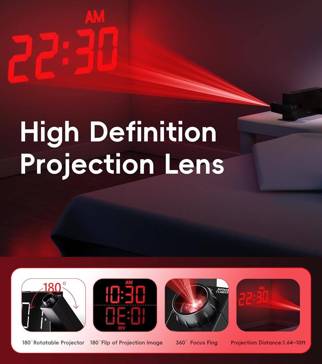 Left. Dazzed Corner - Digital Projector Alarm Clocks,Plug-in Clock,Battery Backup,USB Charging Port - Black.
